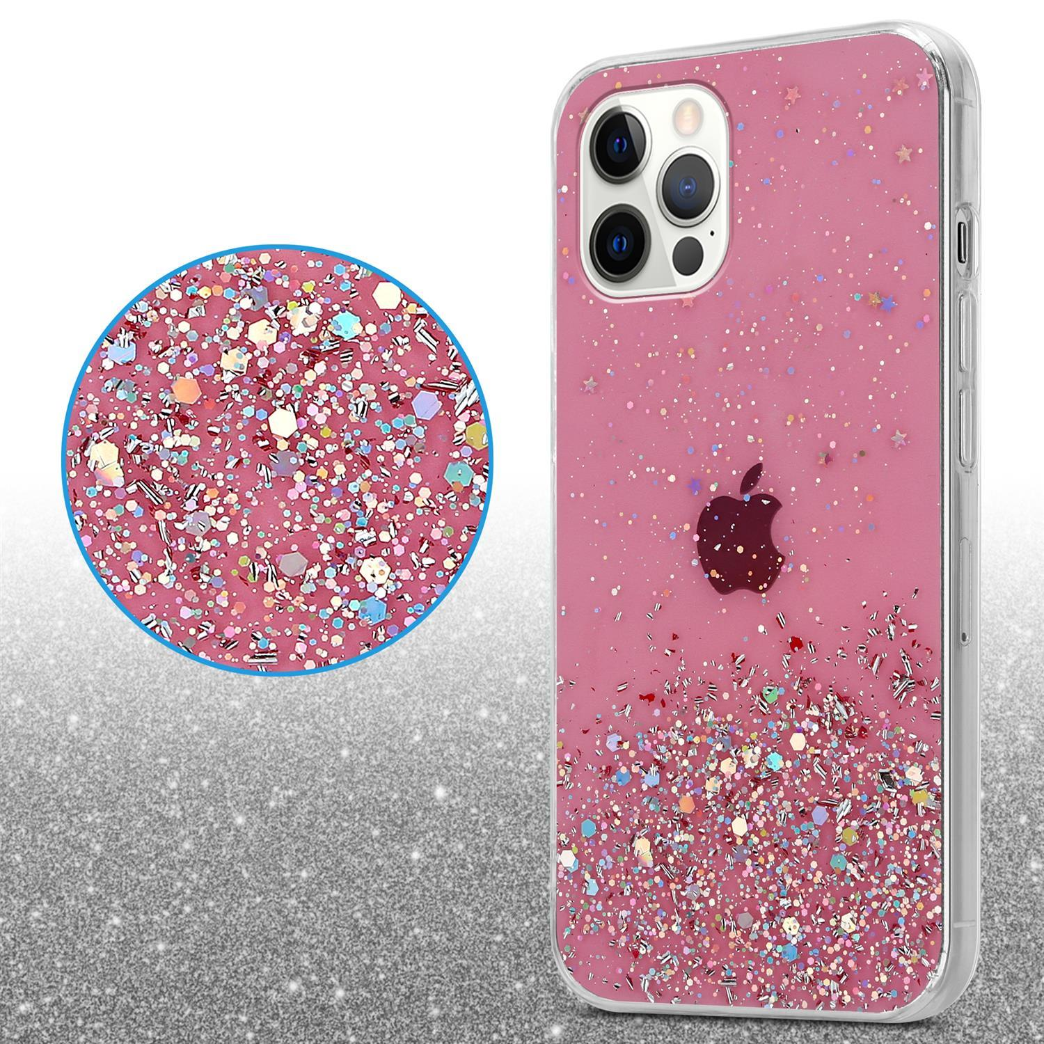 Eine rosa Handyhülle mit Glitzer und Sternen bedeckt. Eine Lupe zeigt weitere Glitzerdetails.