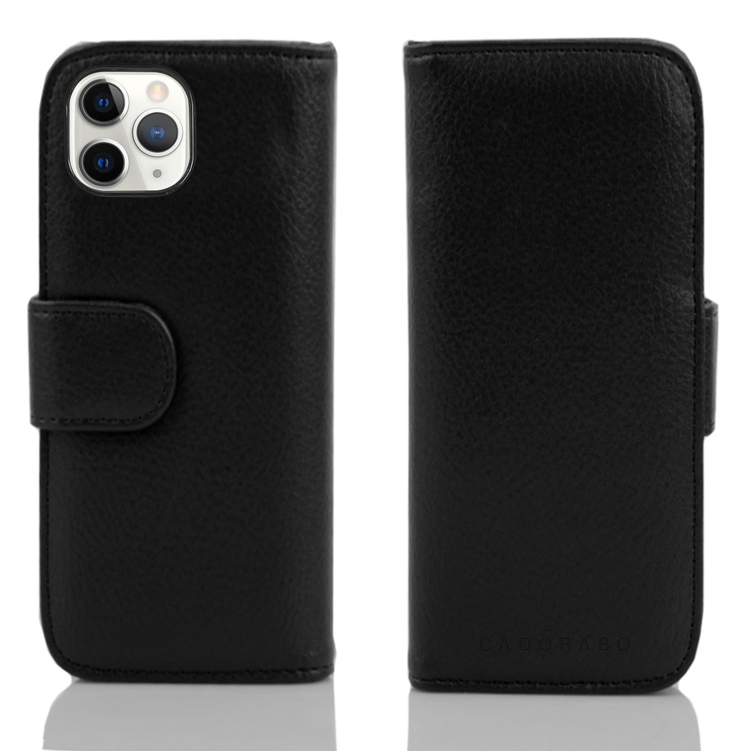 Schwarze Leder-Handyhülle. Vorder- und Rückansicht, mit Kameraausschnitt und Knopf.