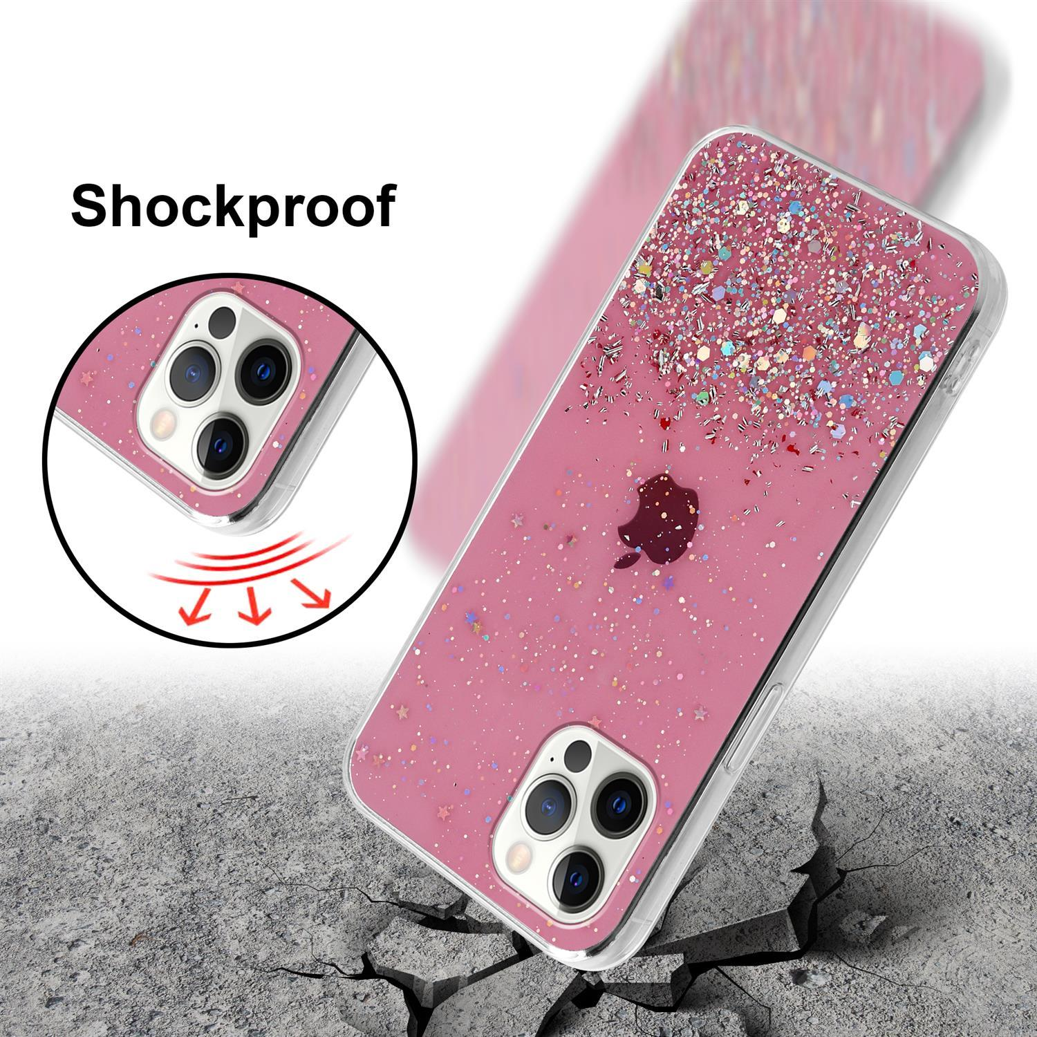 Eine rosa Handyhülle mit Glitzer, zeigt die Hülle und das Telefon mit Riss-Effekt.
