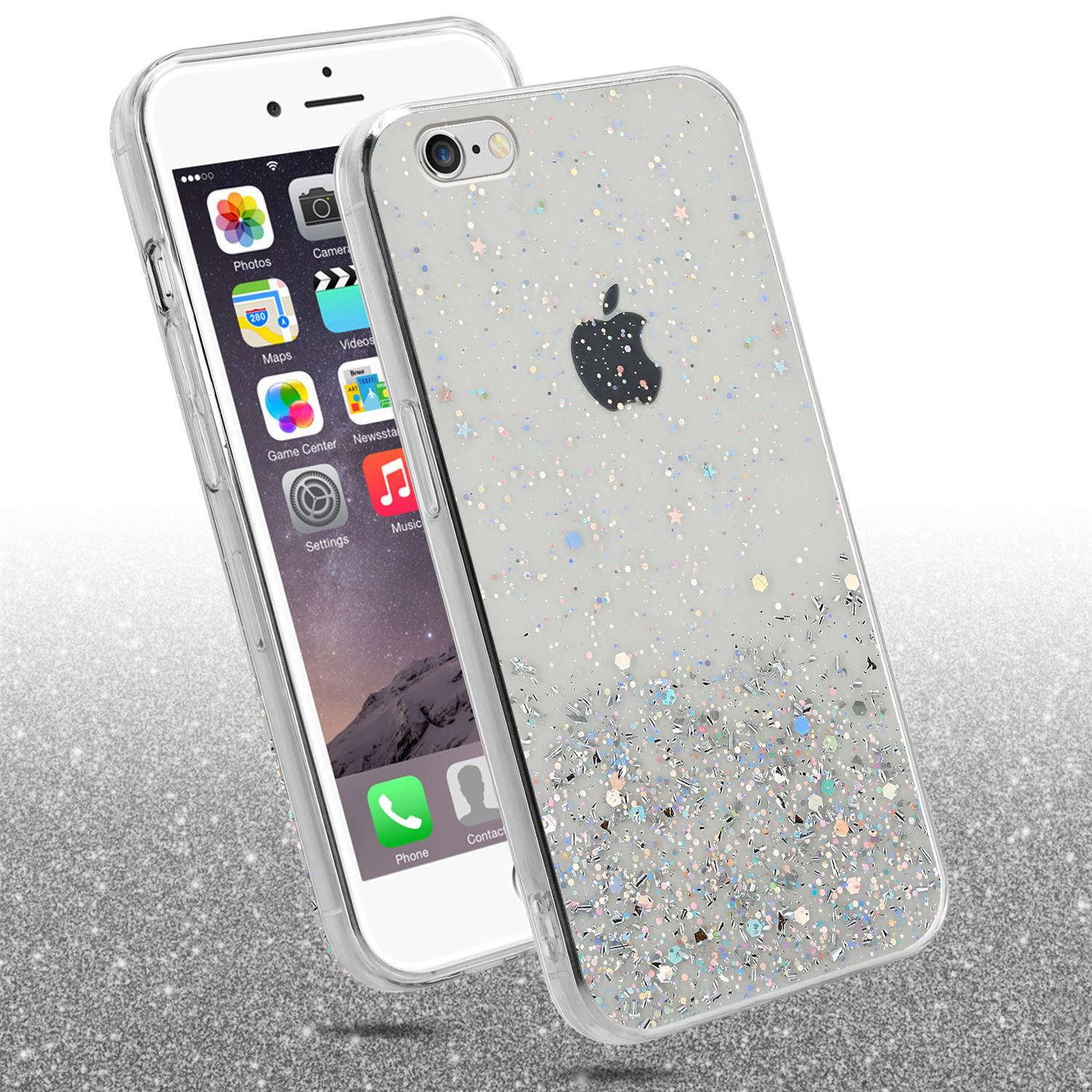 Ein Telefon mit einer Glitzerhülle. Es hat eine transparente Hülle mit Glitzer, die das Apple-Logo zeigt.