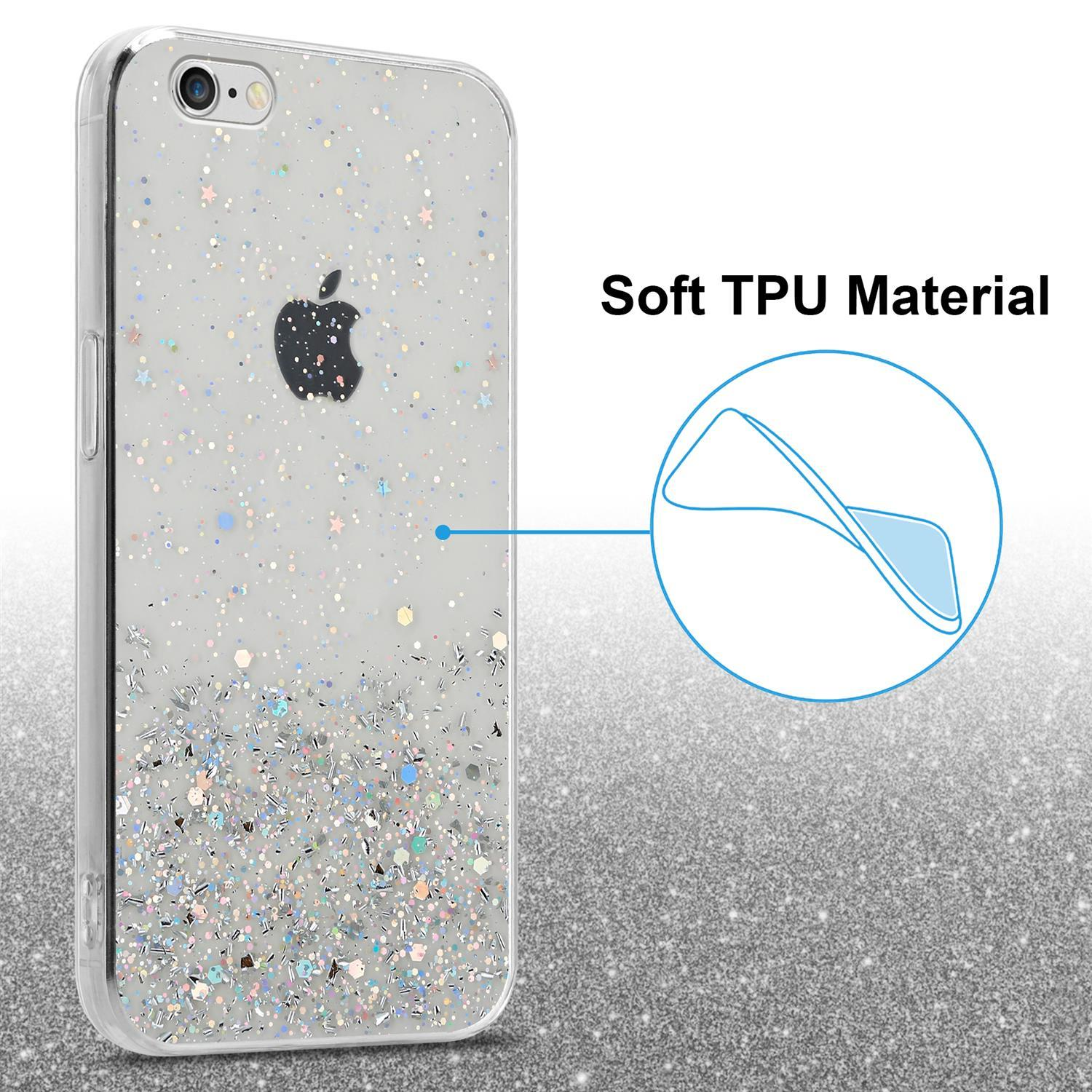 Transparente Handyhülle mit Glitzer und Apple-Logo, Text: 'Weiches TPU-Material'.