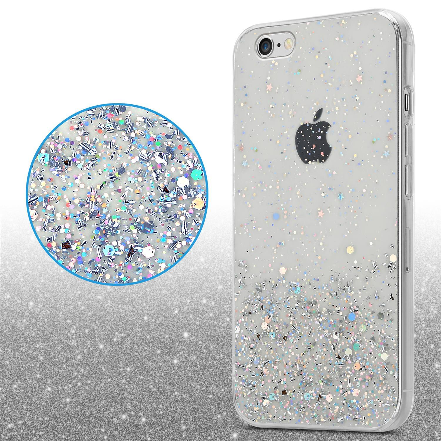 Transparente Handyhülle mit Glitzerdesign. Ein Telefon ist darin, mit dem Apple-Logo.