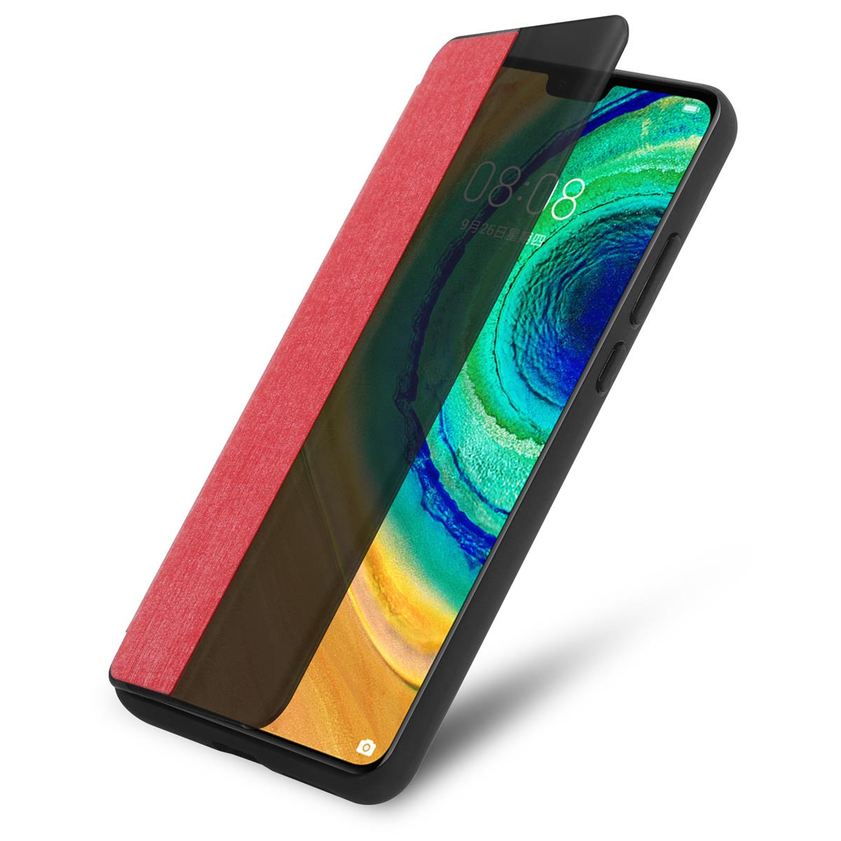 Eine rot-schwarze Handyhülle mit einem Telefon darin. Das Telefon zeigt die Uhrzeit 08:08 an.