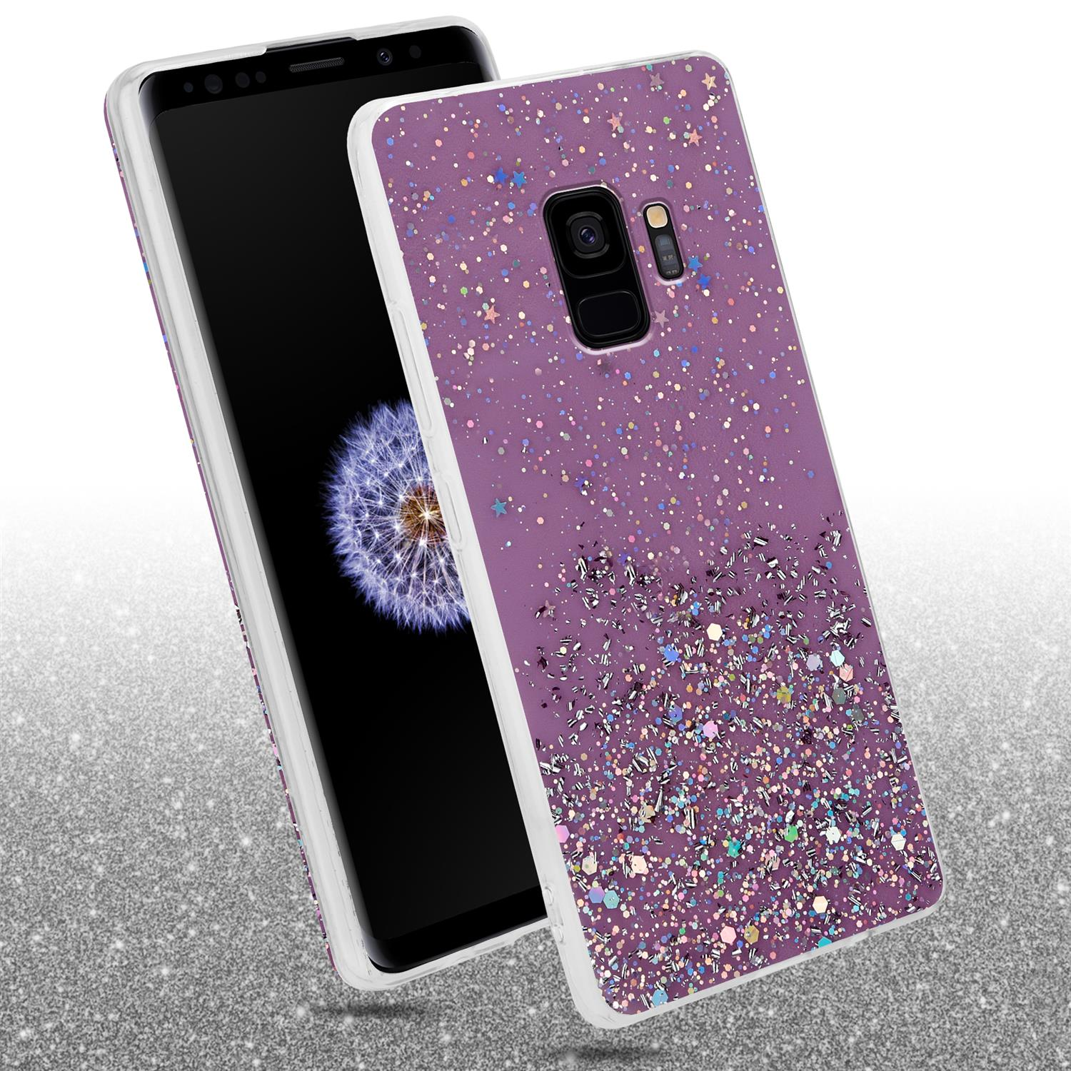 Lila Handyhülle mit Glitzer. Telefon und Hülle sind abgewinkelt. Hintergrund ist Glitzer und Weiß.