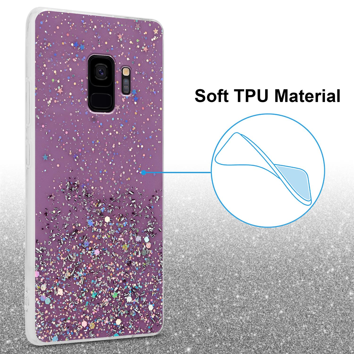Lila Handyhülle mit Glitzer und Sternen, mit Telefon. Text: Soft TPU Material.