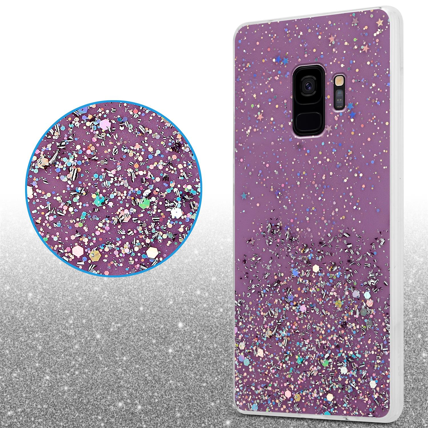 Lila Telefoncase mit Glitzer und Telefon. Kreis zeigt Glitzerdetail.