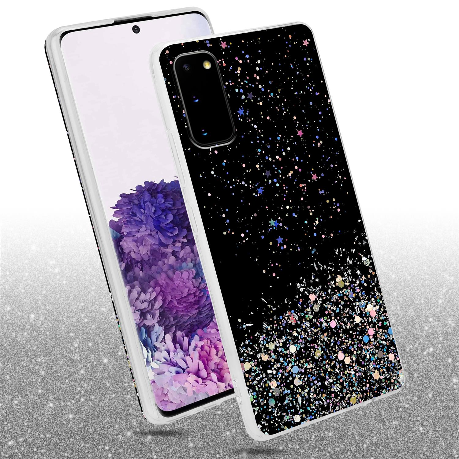 Telefon in schwarzer Glitzerhülle, mit zweitem Telefon und Hintergrund mit Glitzer. Der Hintergrund ist glitzernd.