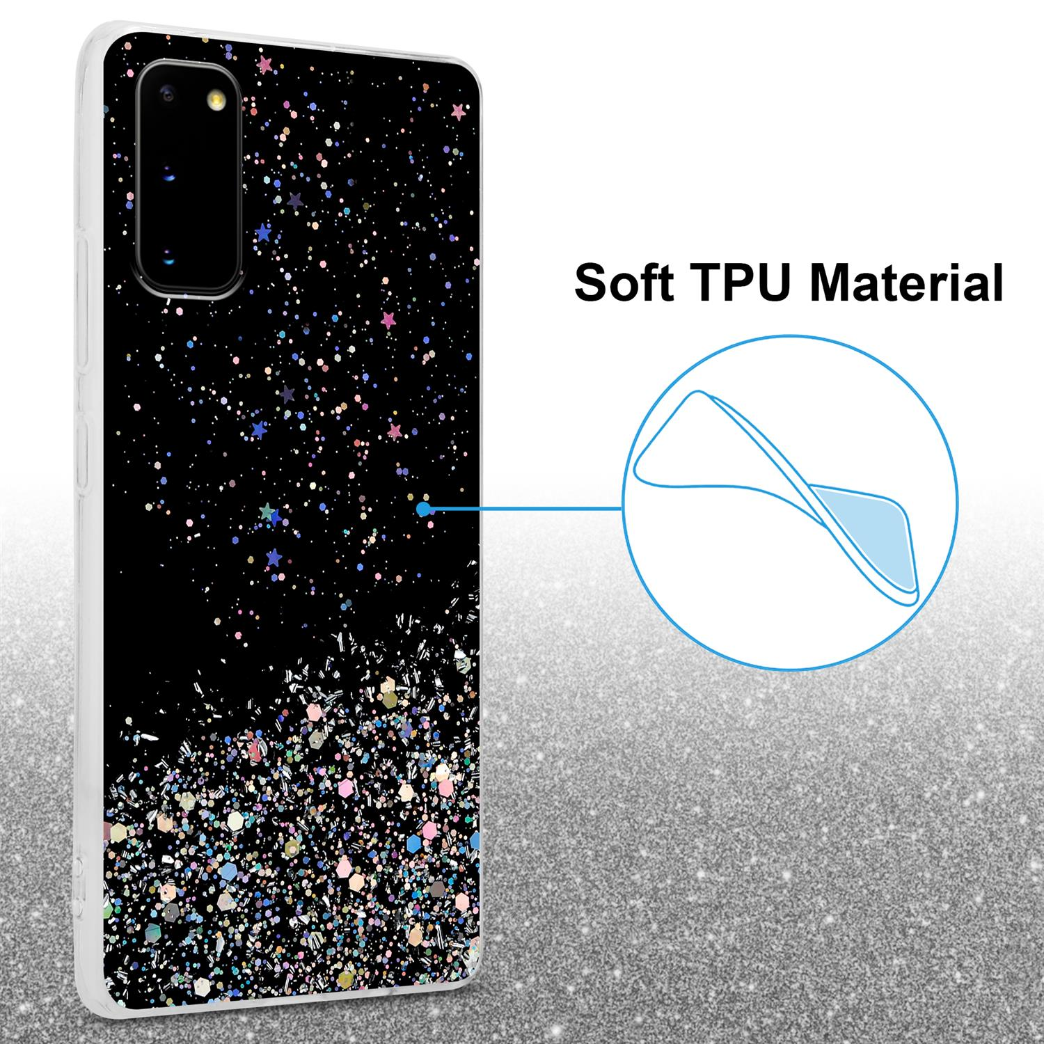 Schwarze Handyhülle mit Glitzer. Text: Weiches TPU-Material.
