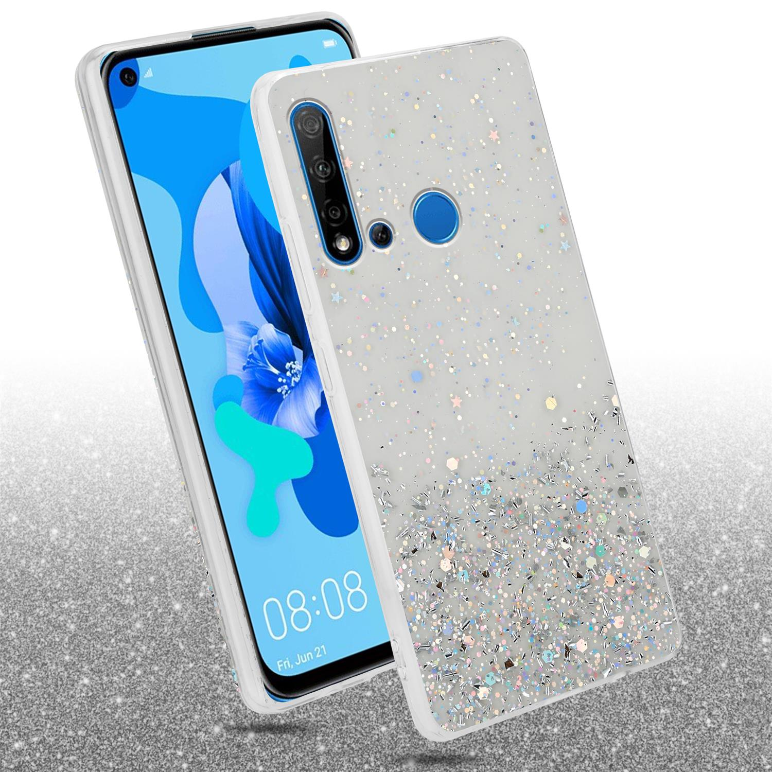 Eine Handyhülle mit Glitzer-Muster. Die Hülle und ein Telefon werden gezeigt, wobei der Bildschirm sichtbar ist.
