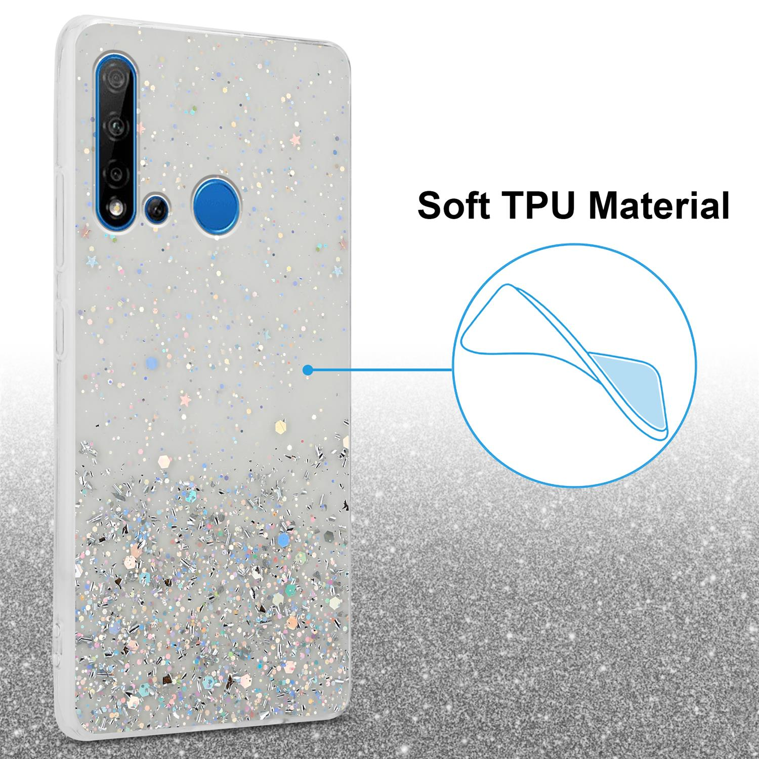 Glitzer-Handyhülle, Sterne sichtbar. Text sagt Soft TPU Material.