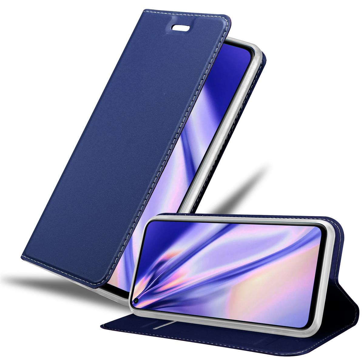 Blaue Handyhülle, geschlossen und offen, zeigt den Handy-Bildschirm.