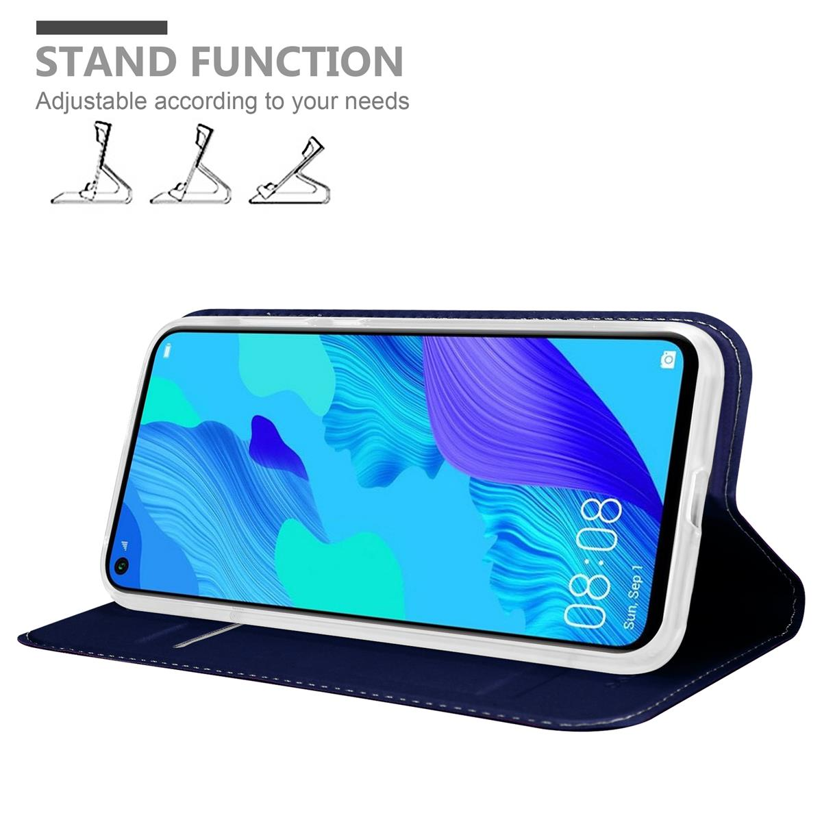 Handyhülle mit Standfunktion, Telefonbildschirm zeigt Zeit. Text: Standfunktion.