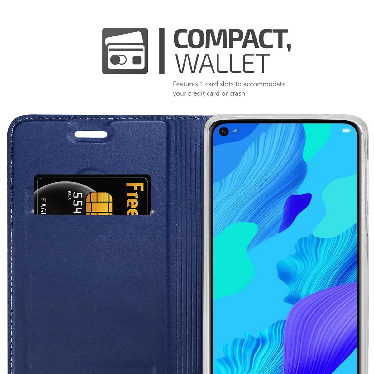 Telefonhülle offen. Karten- und Geldfach sichtbar. Blaue Hülle, Telefon sichtbar.