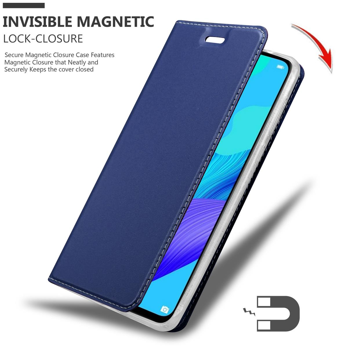 Blaue Handyhülle, offen. Telefon ist drin. Magnetverschluss. Die Abdeckung ist geöffnet.
