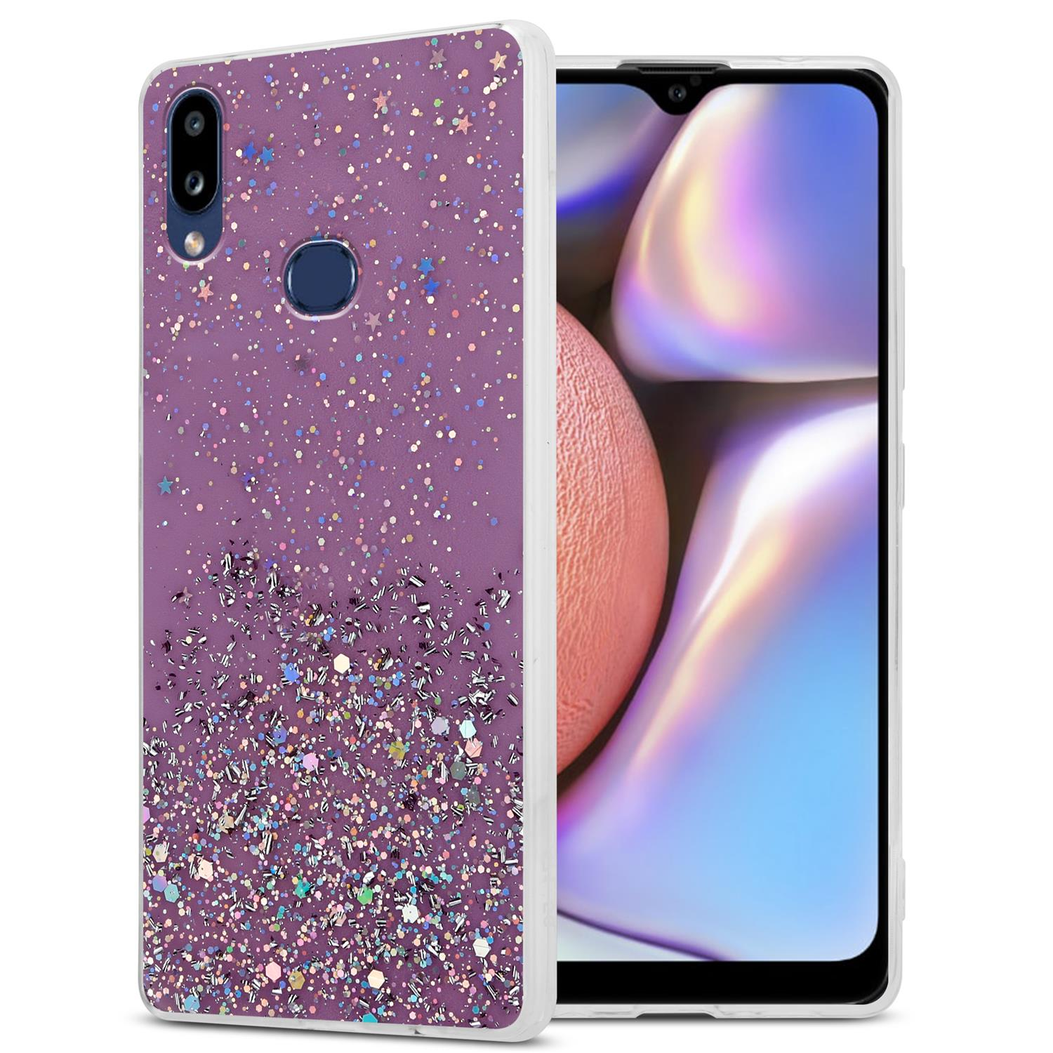 Lila Handyhülle mit Glitzer und Sternen. Der Telefonbildschirm zeigt eine rosa Farbe.