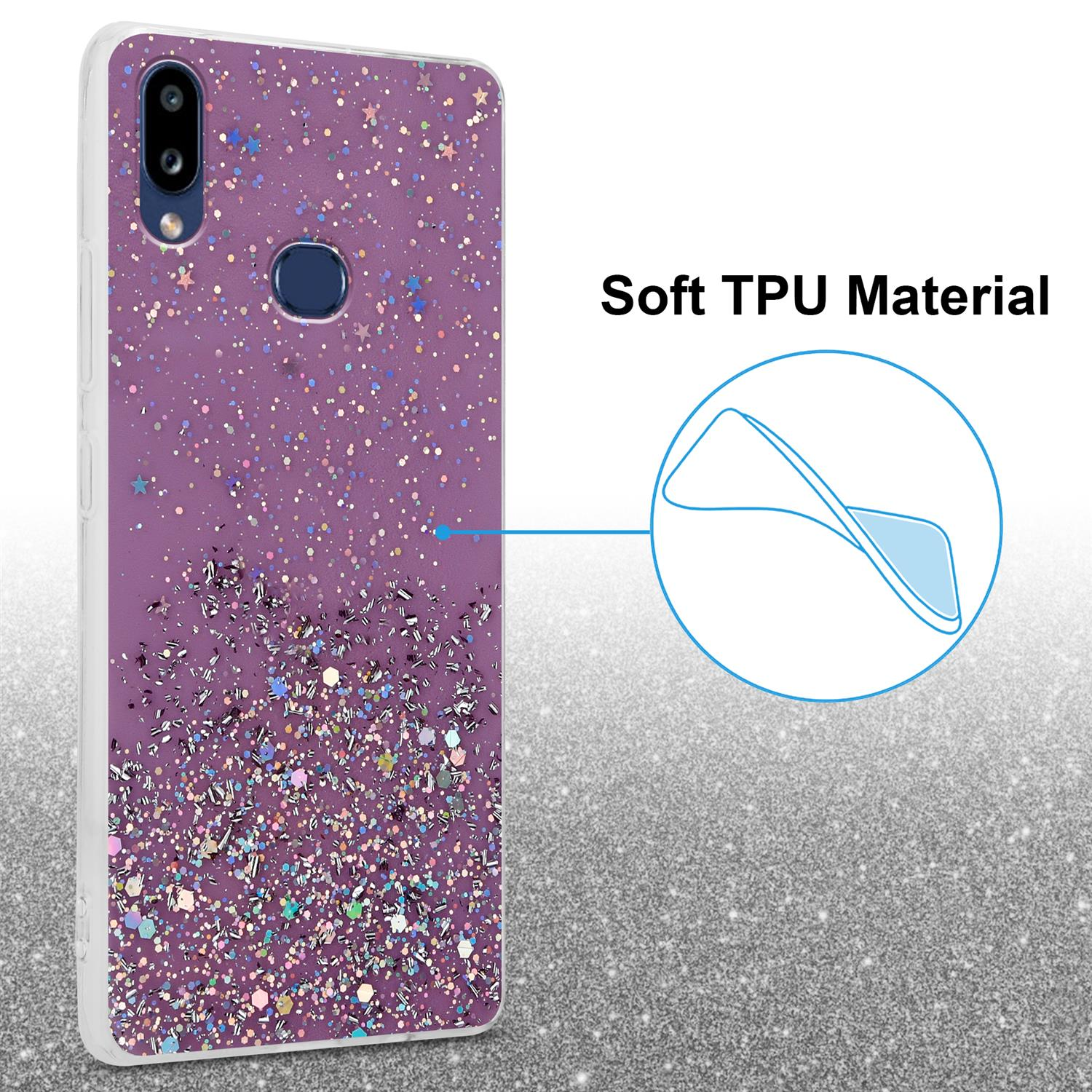 Eine lila Handyhülle mit Glitzer und weichem TPU-Material, vor einem funkelnden Hintergrund.
