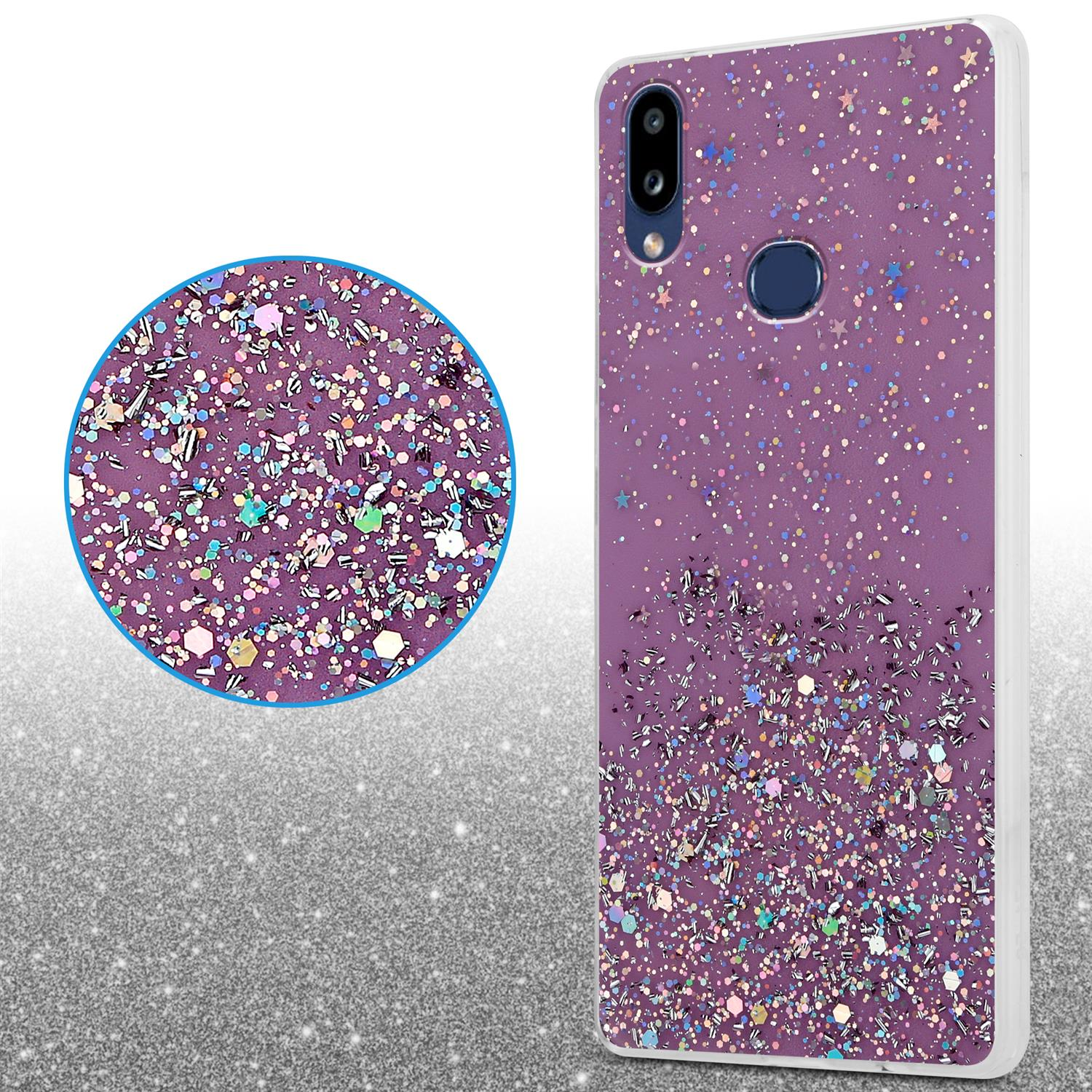 Lila Handyhülle mit Glitzer und einem kreisförmigen Ausschnitt des Glitzermusters.