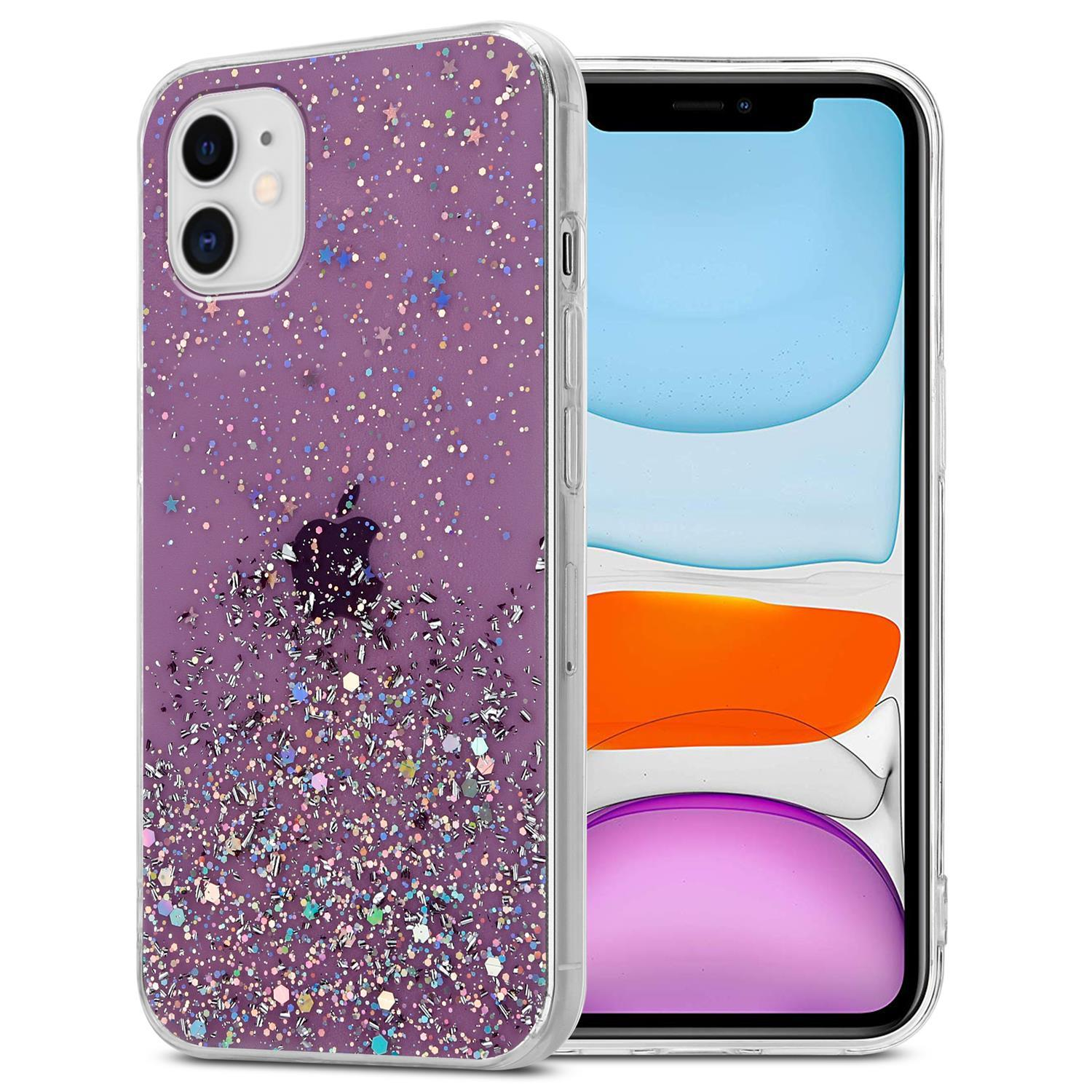 Transparente Handyhülle mit Glitzer und Apple-Logo, auf einem Telefon.