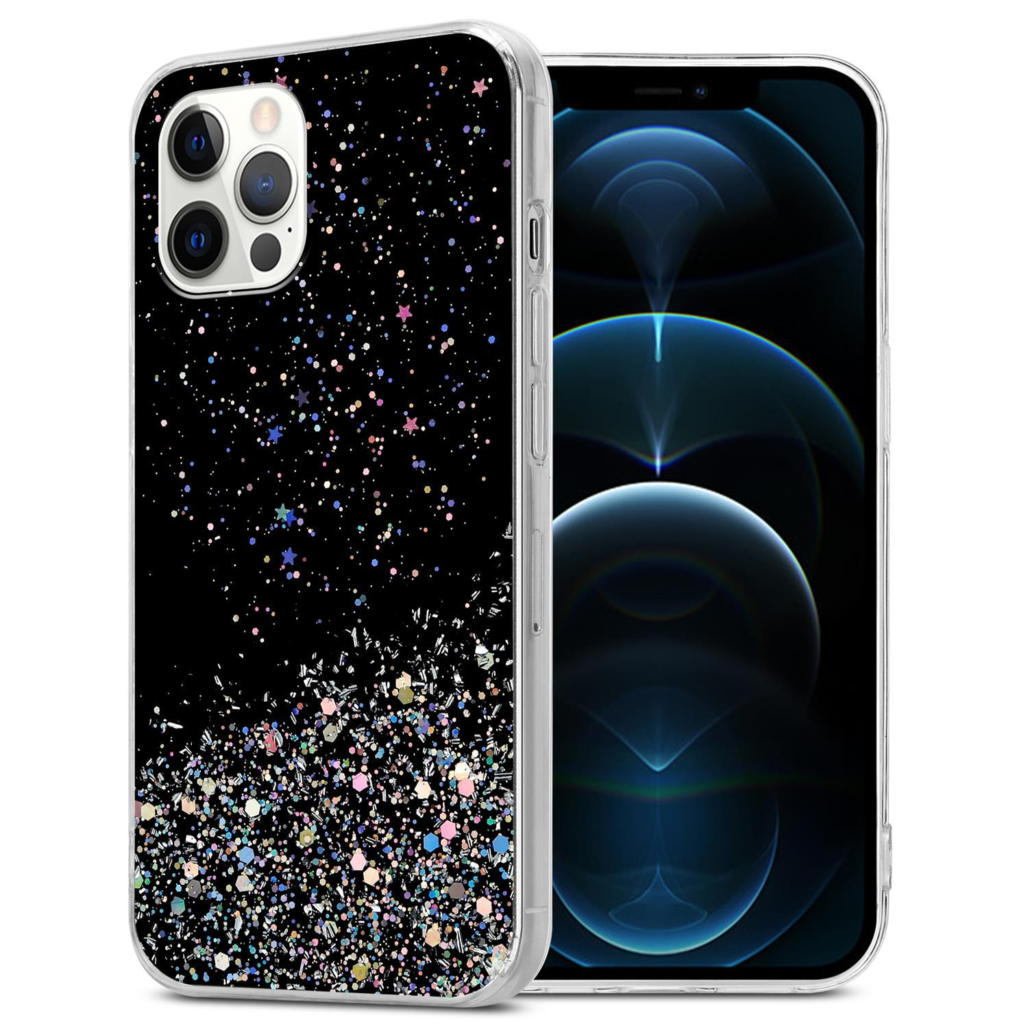 Schwarze Handyhülle mit Glitzer. Telefon ist in der Hülle. Hülle hat Glitzerdesign auf der Rückseite.