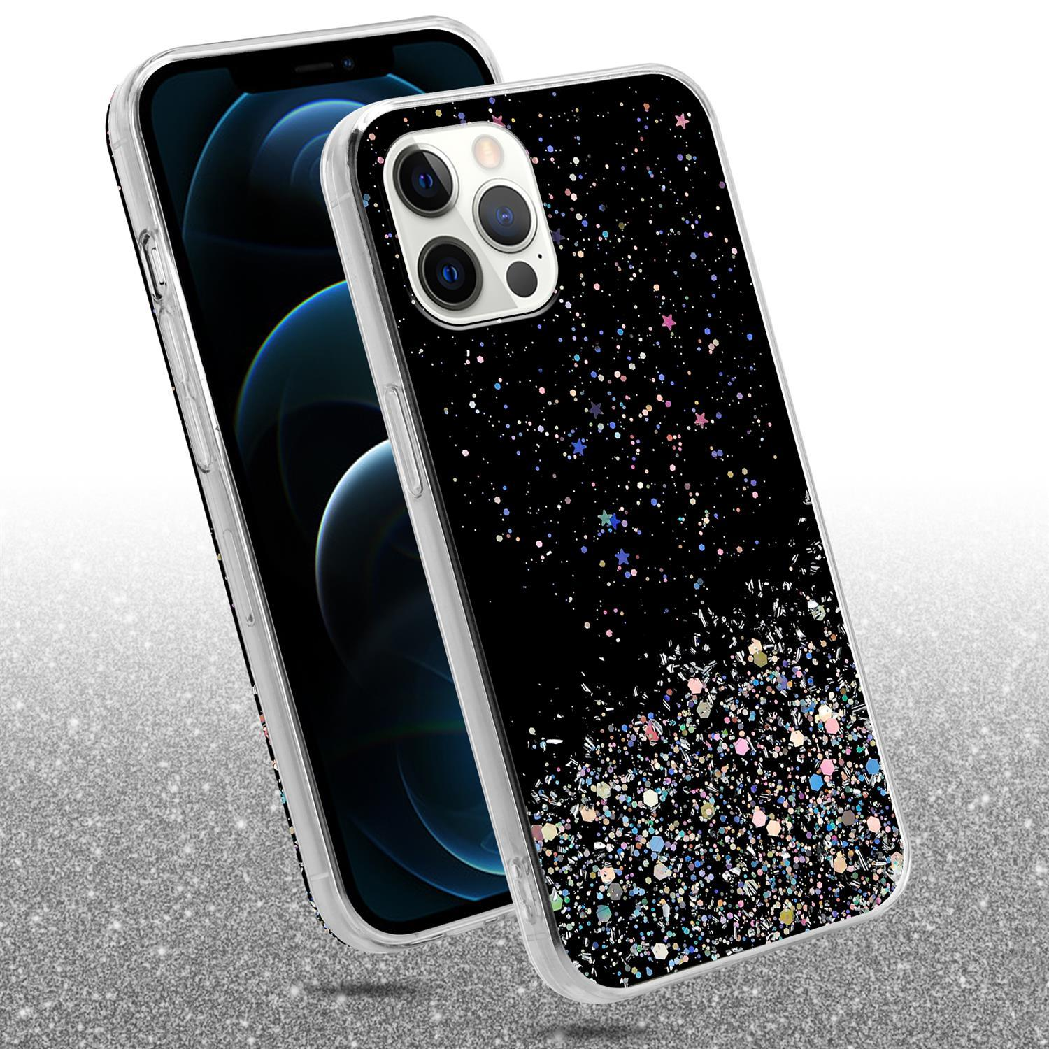 Schwarze Handyhülle mit Glitzer. Ein Telefon liegt mit einer Hülle, zeigt Glitzerdetails.