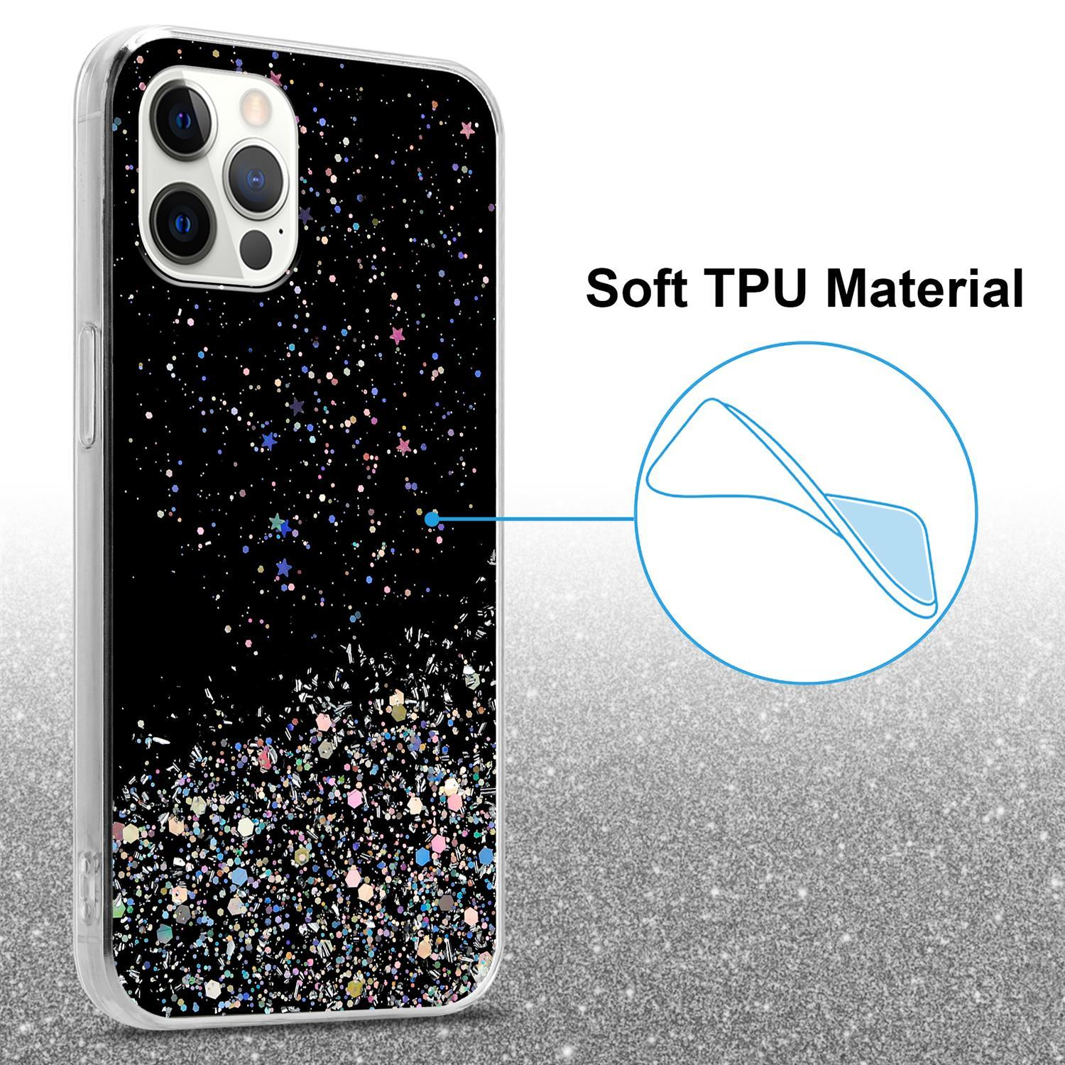 Schwarze Handyhülle mit Glitzerdesign. Der Text 'Soft TPU Material' steht rechts.