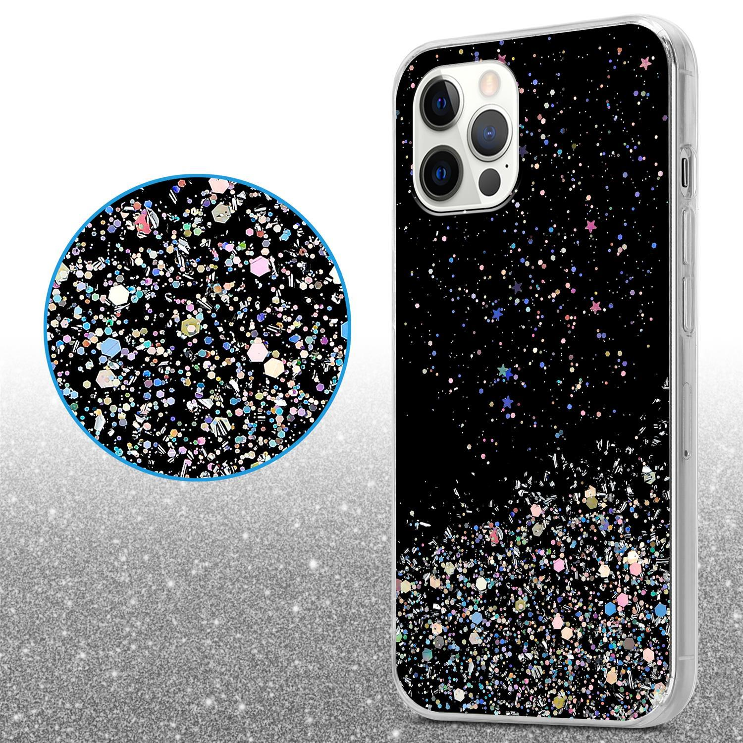 Schwarze Handyhülle mit Glitzer, Nahaufnahme Glitzerdetail.