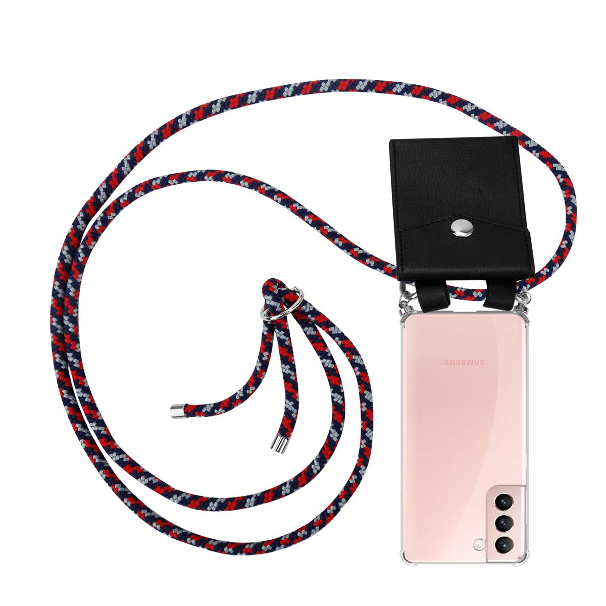 Rosa Telefon mit schwarzem Lederbeutel an einem mehrfarbigen Kabel befestigt.