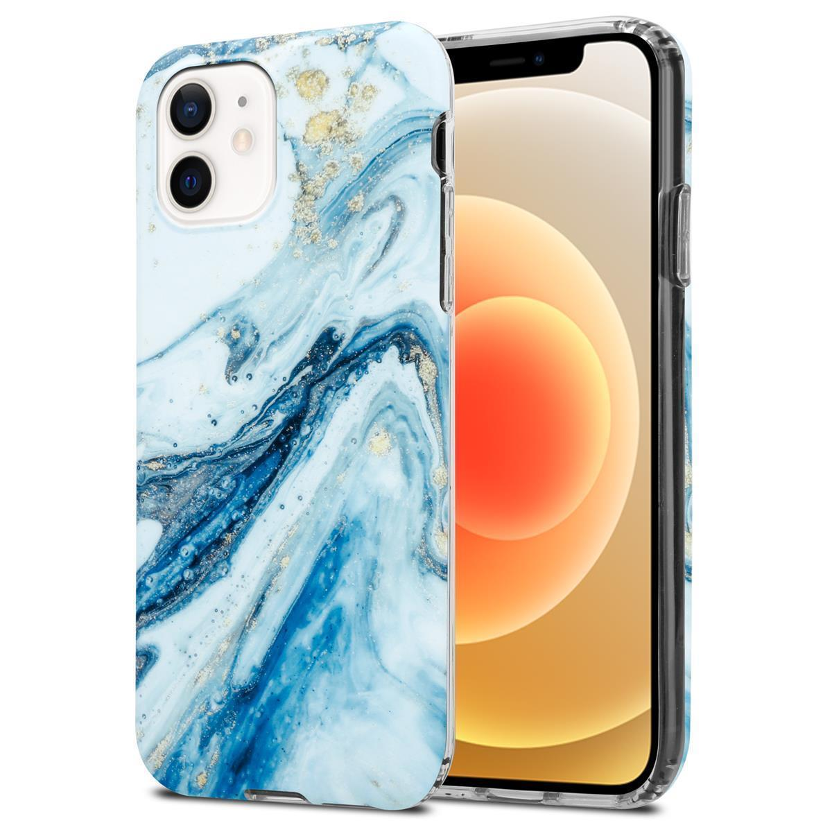 Blaue Marmor-Handyhülle mit einem Telefon daneben.