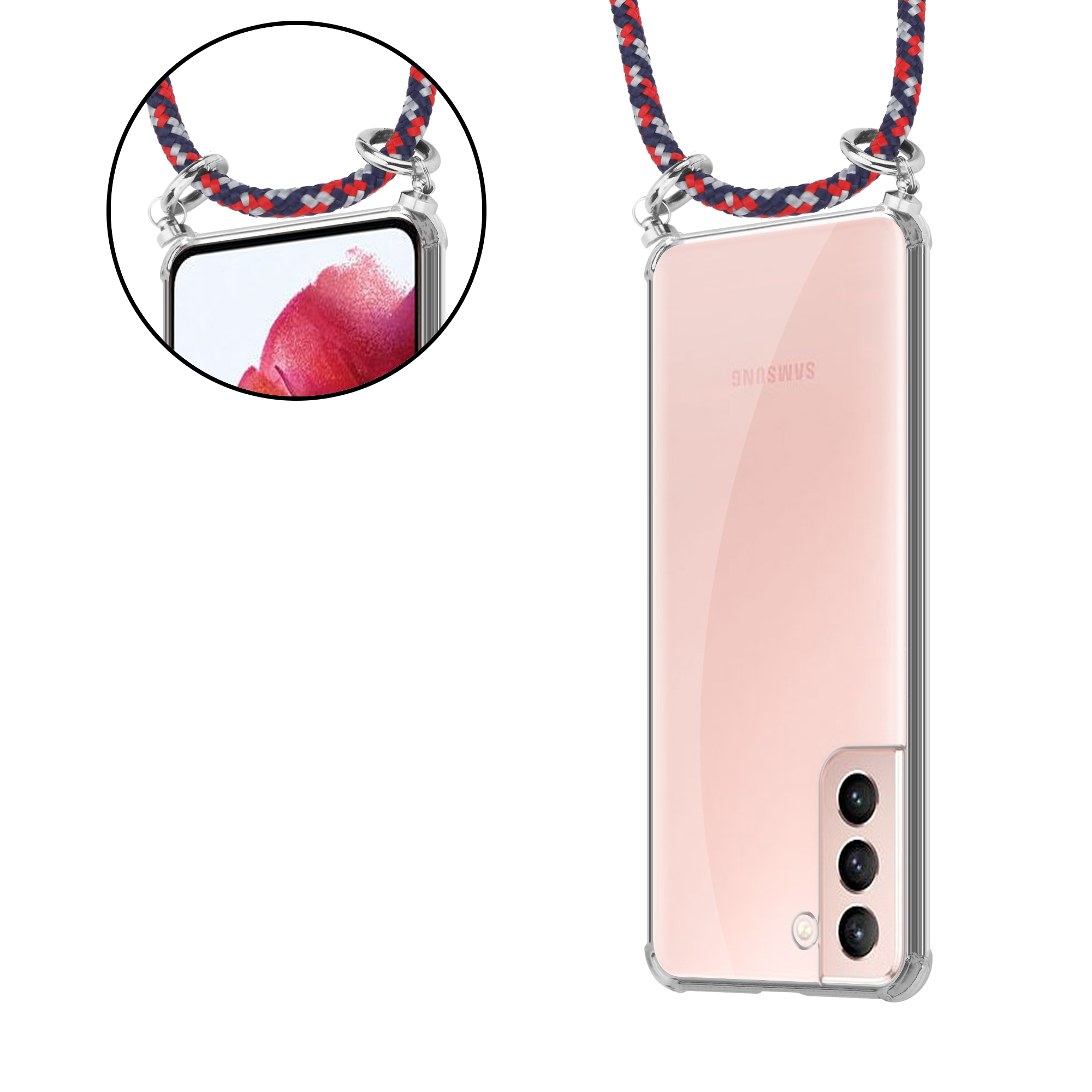 Telefon mit Lanyard. Telefon hat drei Kameras. Nahaufnahme der Verbindung des Lanyards mit dem Telefon.