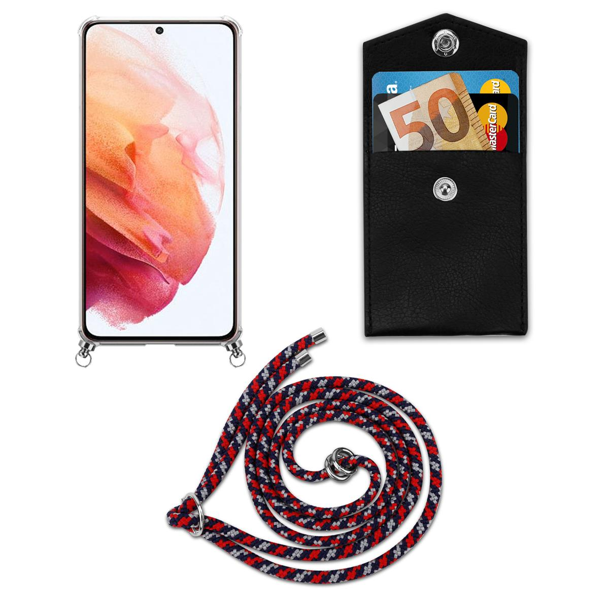 Ein Smartphone, eine schwarze Ledertasche mit Geld und ein rot-schwarz-weißes Umhängeband liegen auf weißem Grund.