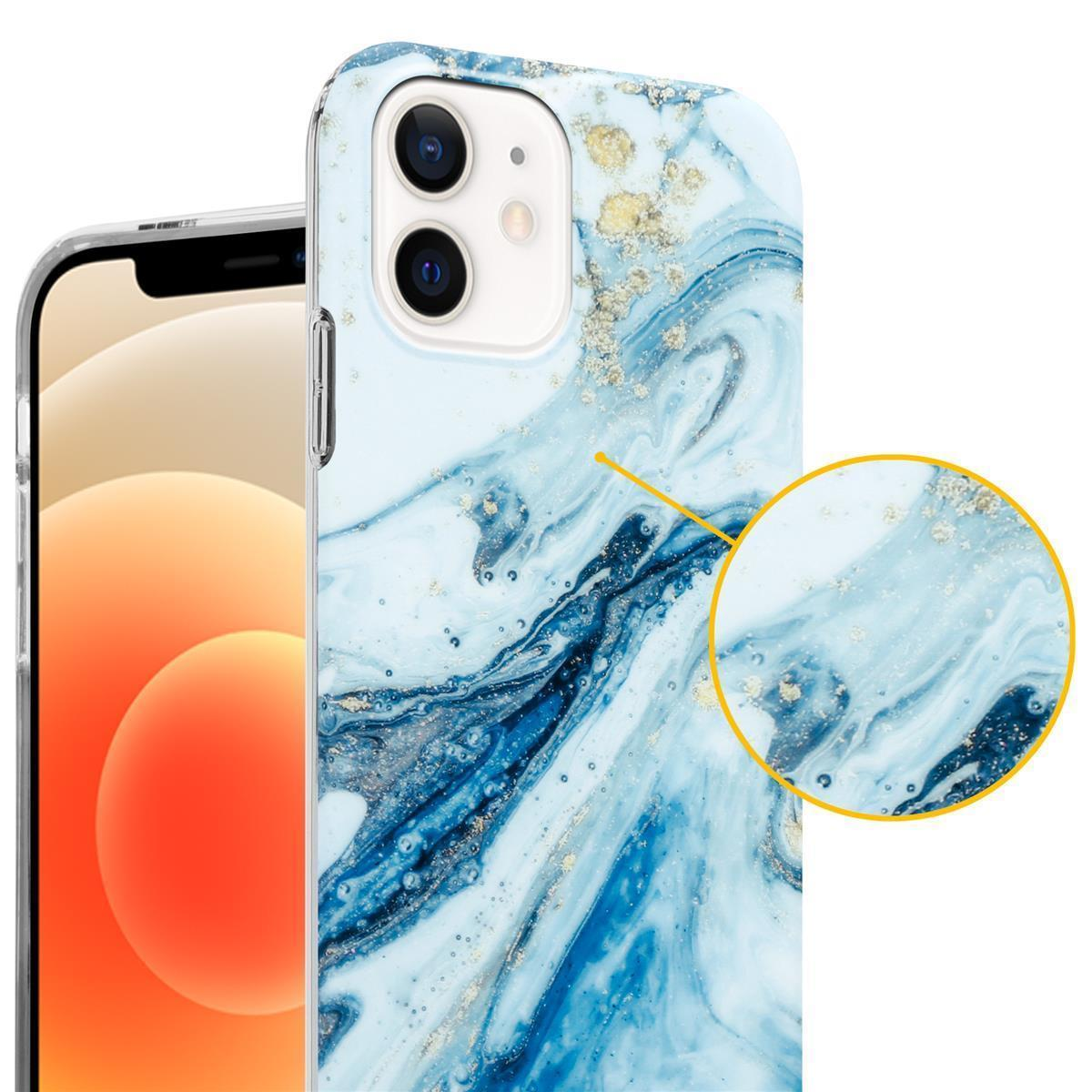 Nahaufnahme einer Handyhülle mit Marmormuster. Ein Telefon ist teilweise sichtbar. Ein kreisförmiges Detail.