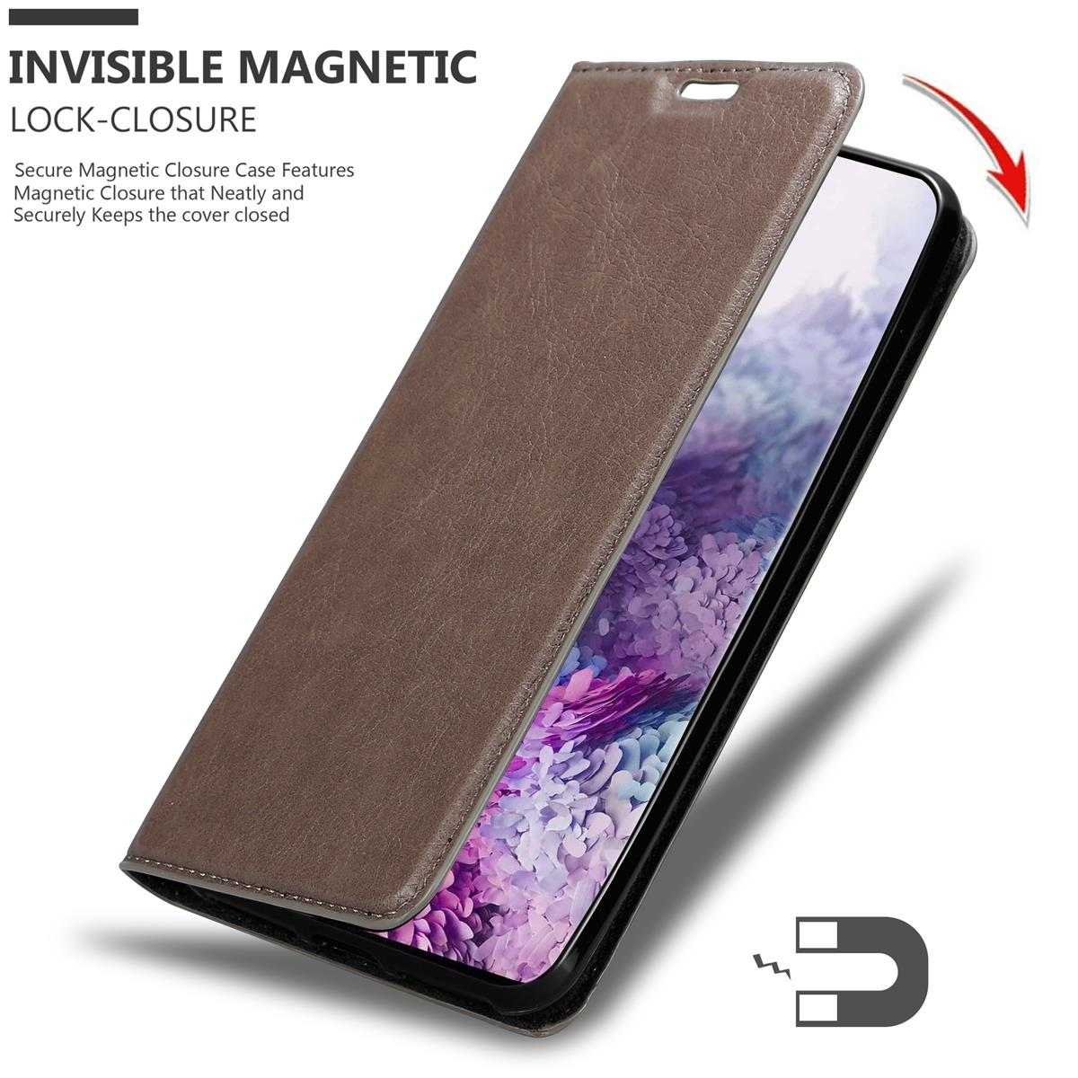 Braune Handyhülle mit Magnetverschluss, zeigt ein Handy mit farbenfrohem Display.
