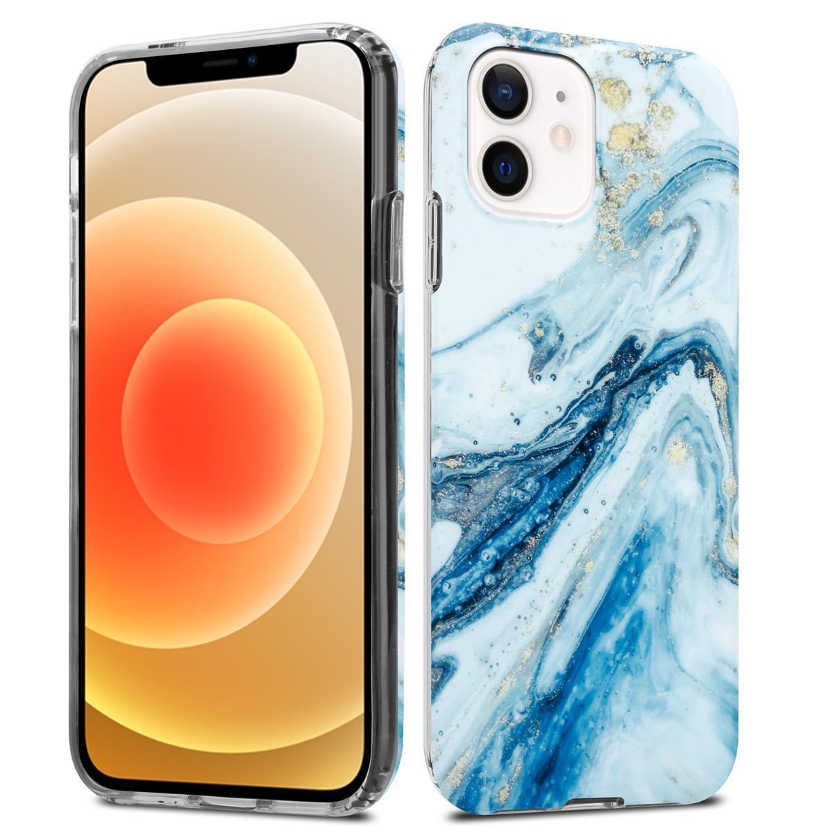 Zwei Telefone, eines mit Marmoreffekt und das andere mit Bildschirm. Der Marmoreffekt hat Gold- und Blautöne.