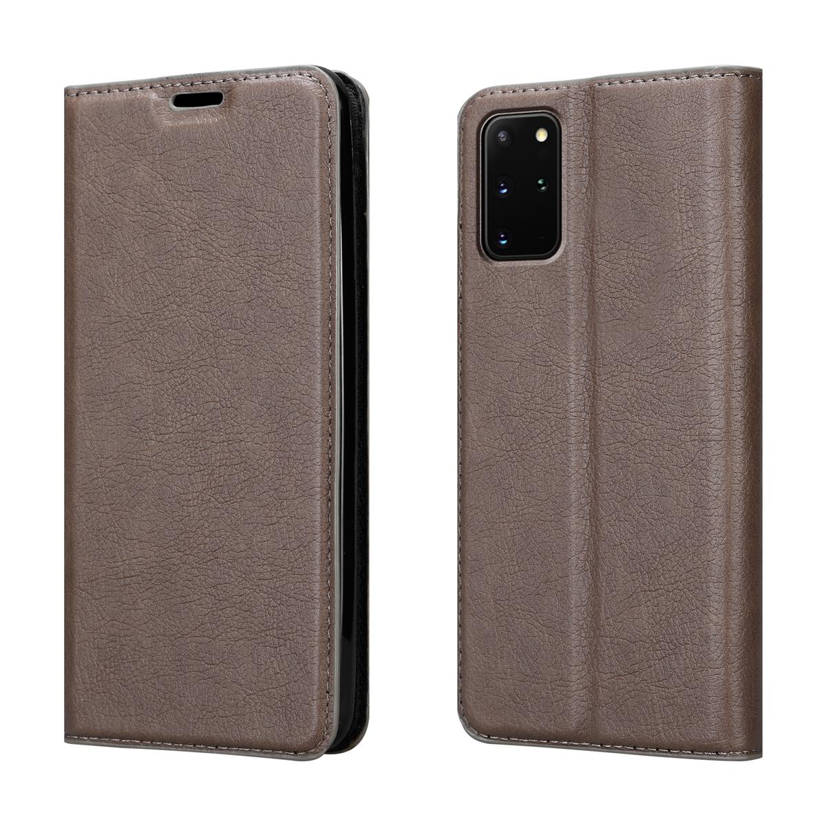 Eine braune Handyhülle mit einem Telefon darin. Die Hülle ist auf dem linken Bild geöffnet, auf dem rechten geschlossen.