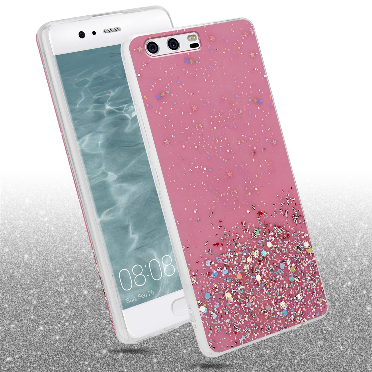 Eine pinke Handyhülle mit Glitzer und Sternen. Das Telefon ist weiß mit schwarzem Bildschirm.