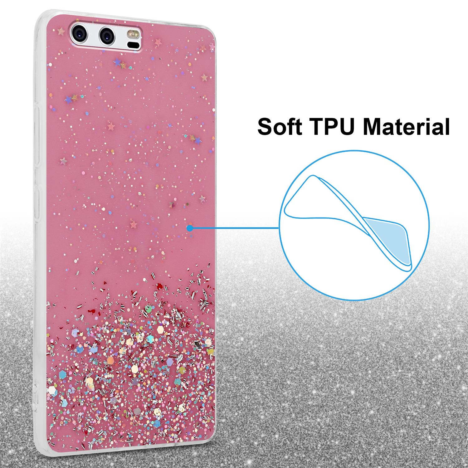Eine rosa Handyhülle mit Glitzer. Ein kreisförmiger Bereich hebt das Material hervor.