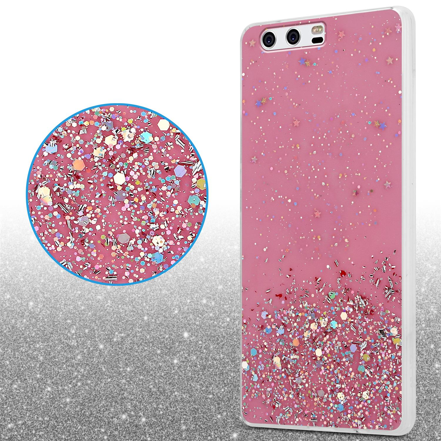 Rosa Handyhülle mit Glitzer. Ein vergrößerter Kreis zeigt den Glitzer. Weißer Hintergrund.