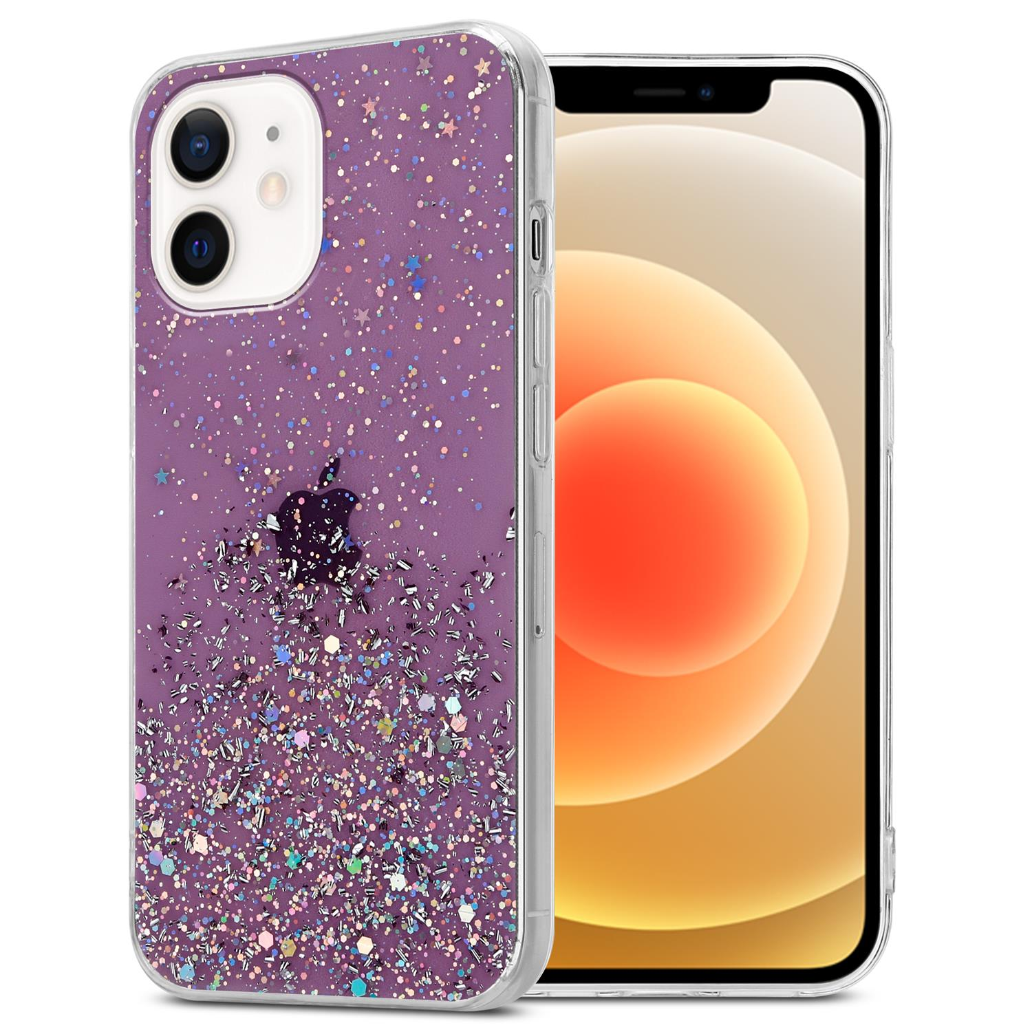 Lila Glitzer-Handyhülle mit Apple-Logo. Das Telefon hat eine transparente Hülle. Weißer Hintergrund.