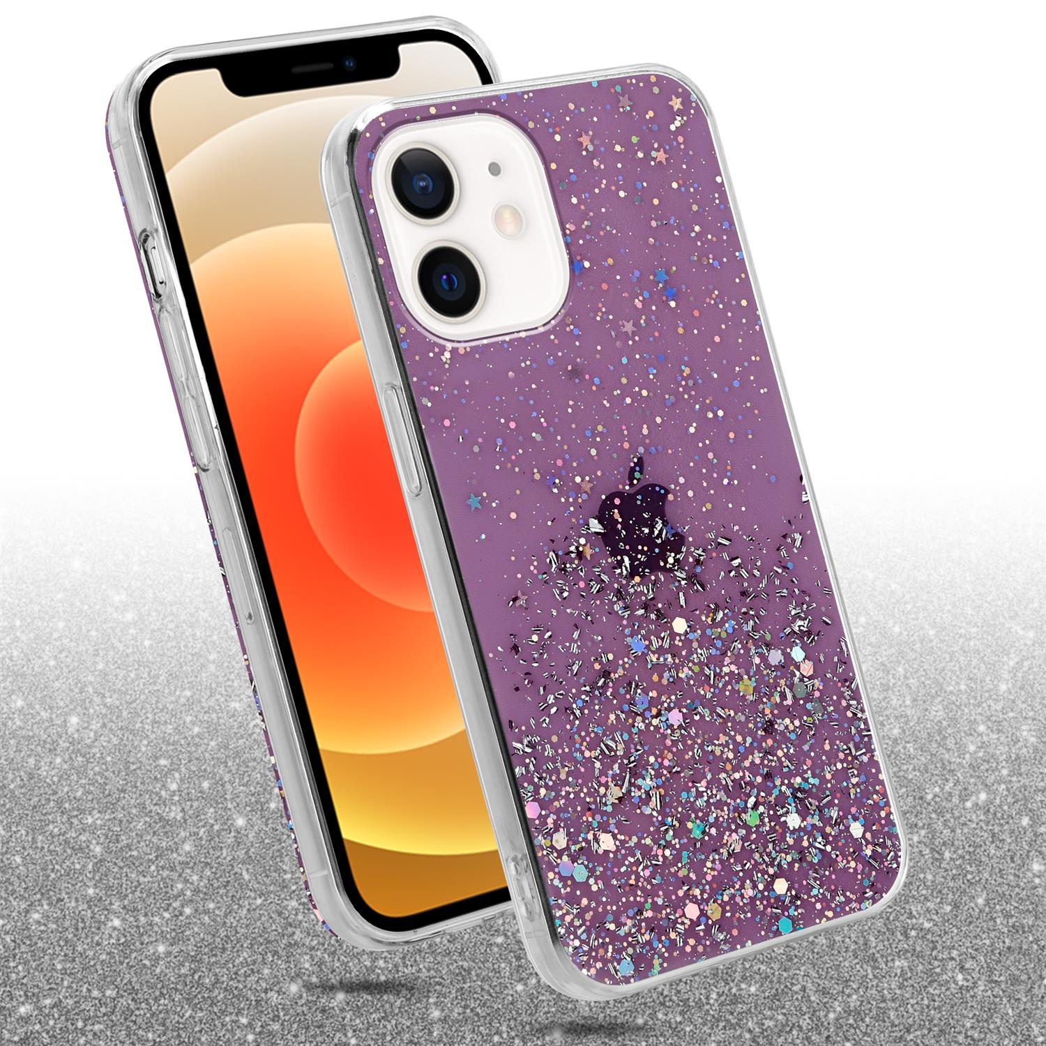 Handyhülle mit Glitzer und einem Telefon darin. Das Telefon befindet sich in der Hülle. Lila Farbe.