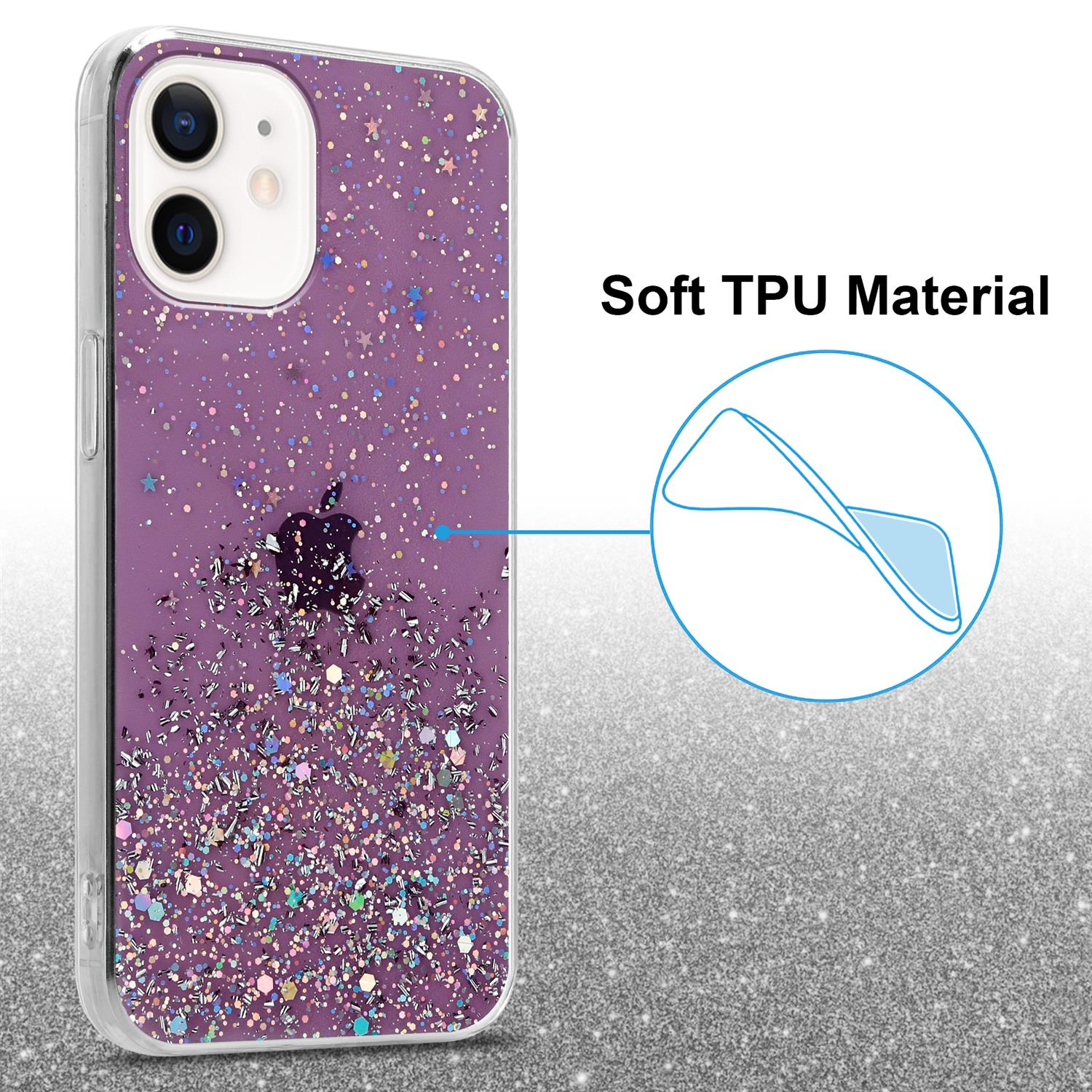 Lila Handyhülle mit Glitzer und transparentem, weichem TPU-Material. Textüberlagerung.