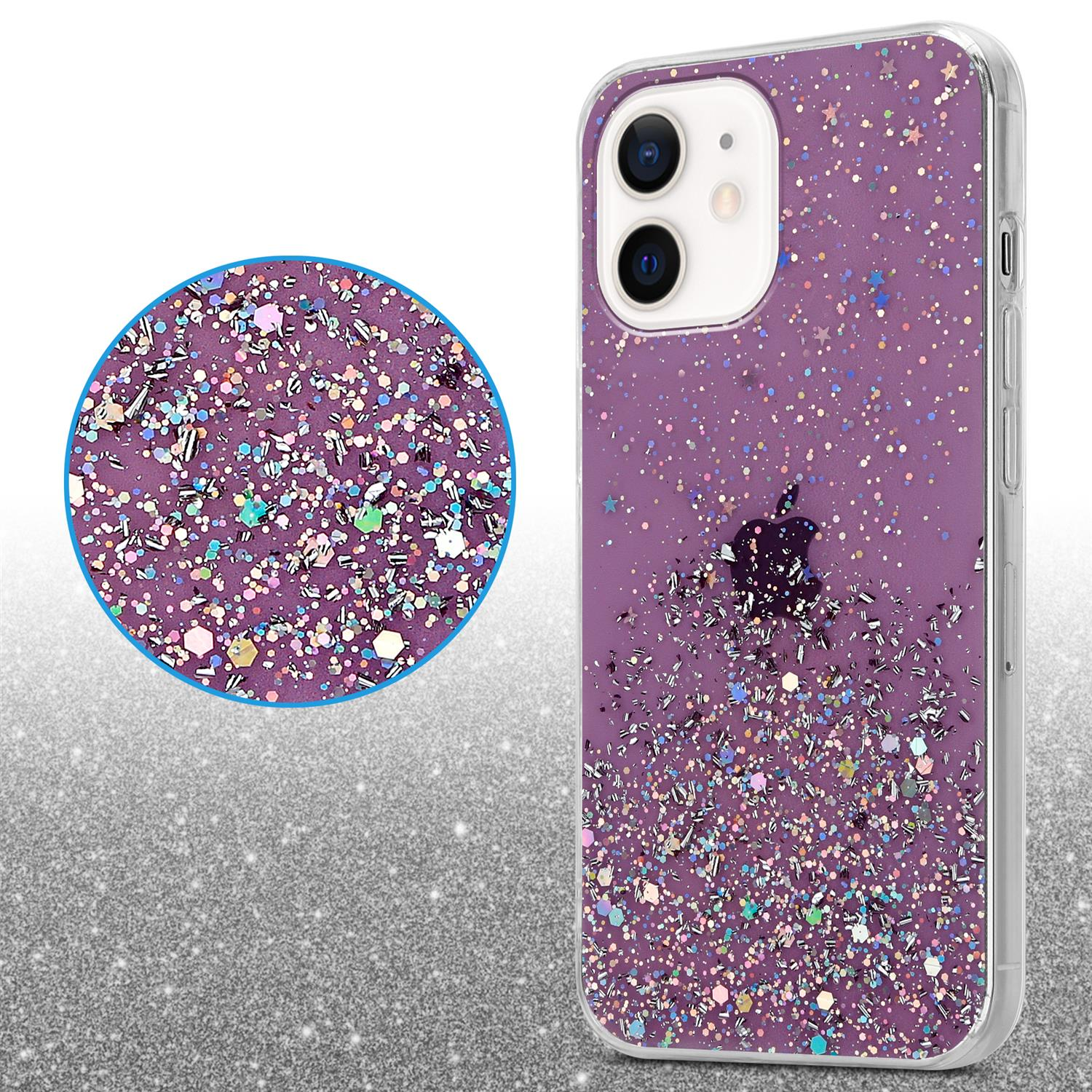 Lila Handyhülle mit Glitzer und Detailkreis. Glitzer und Handyhülle sind sichtbar.