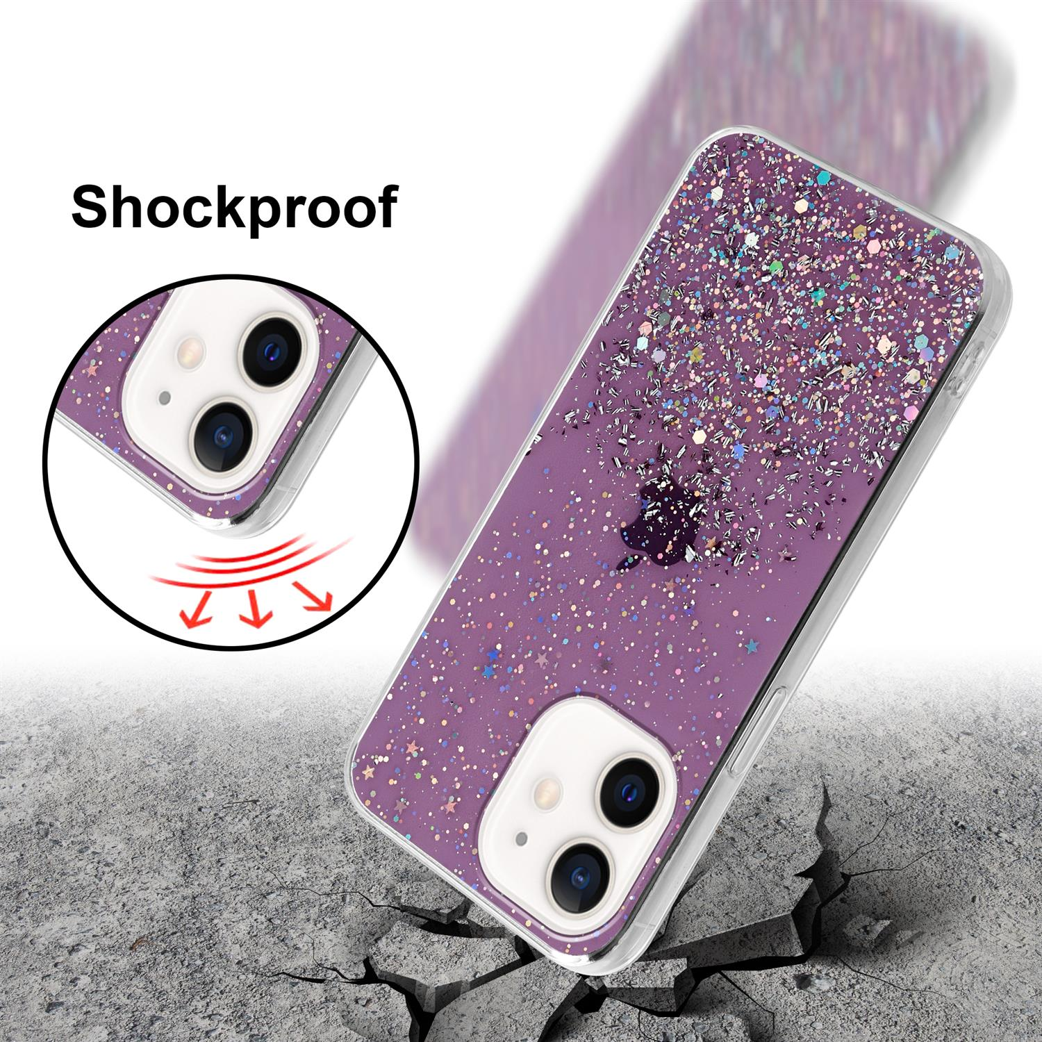 Eine lila Handyhülle mit Glitzerdesign liegt auf einer rissigen Oberfläche. Pfeile weisen auf die stoßfeste Eigenschaft hin.