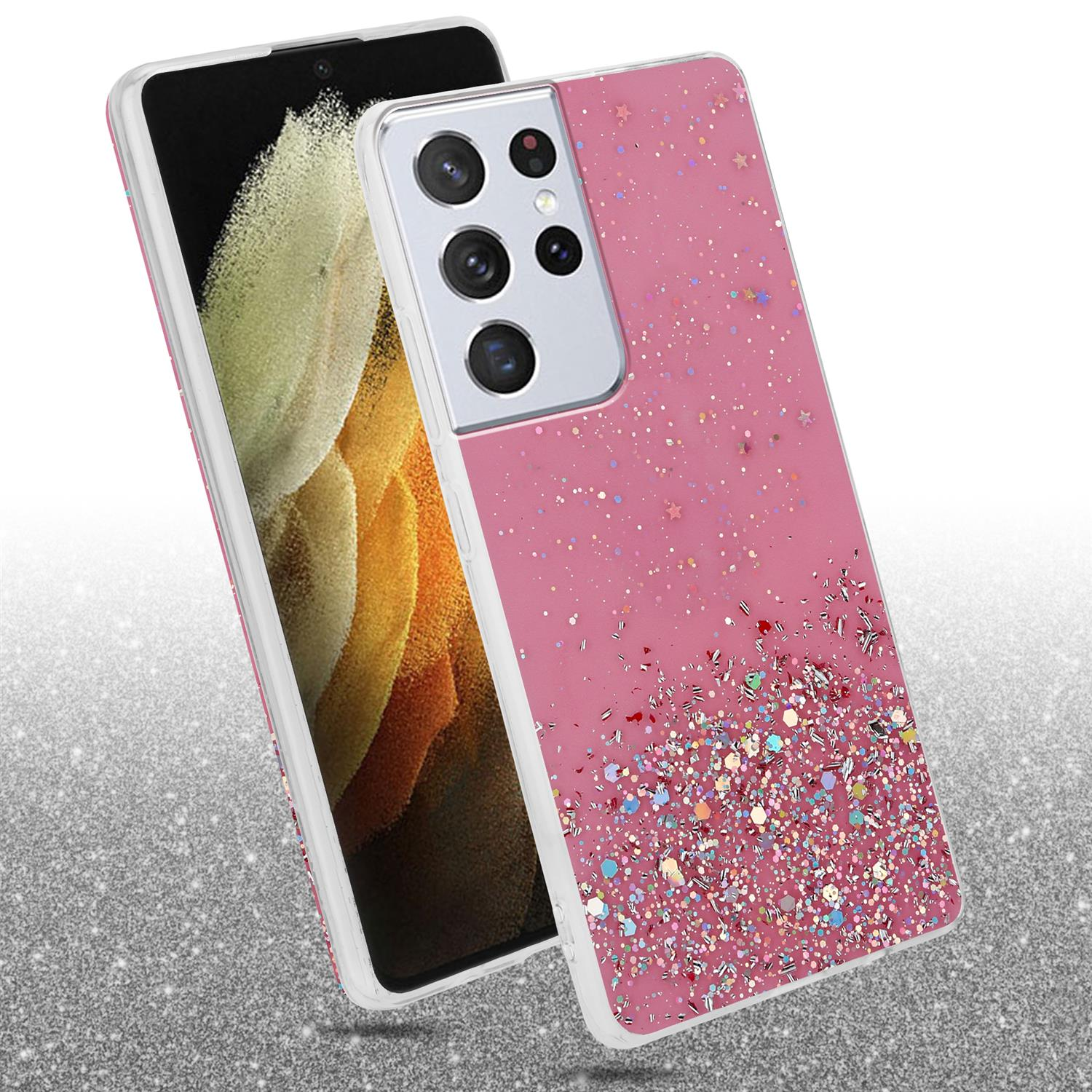 Rosa Handyhülle mit Telefon und glitzerndem Hintergrund.