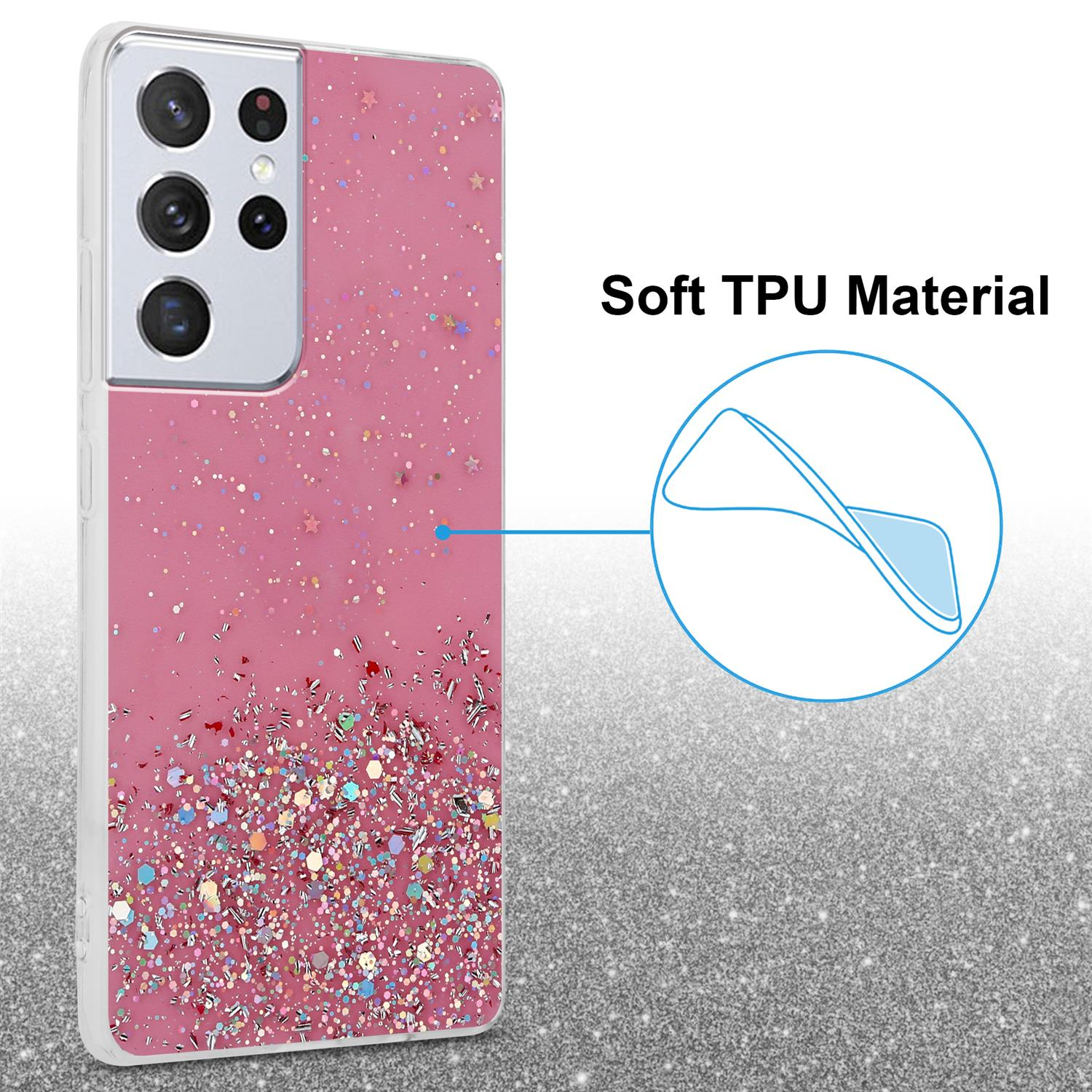 Rosa Handyhülle mit Glitzer. Detail zeigt das weiche TPU-Material.
