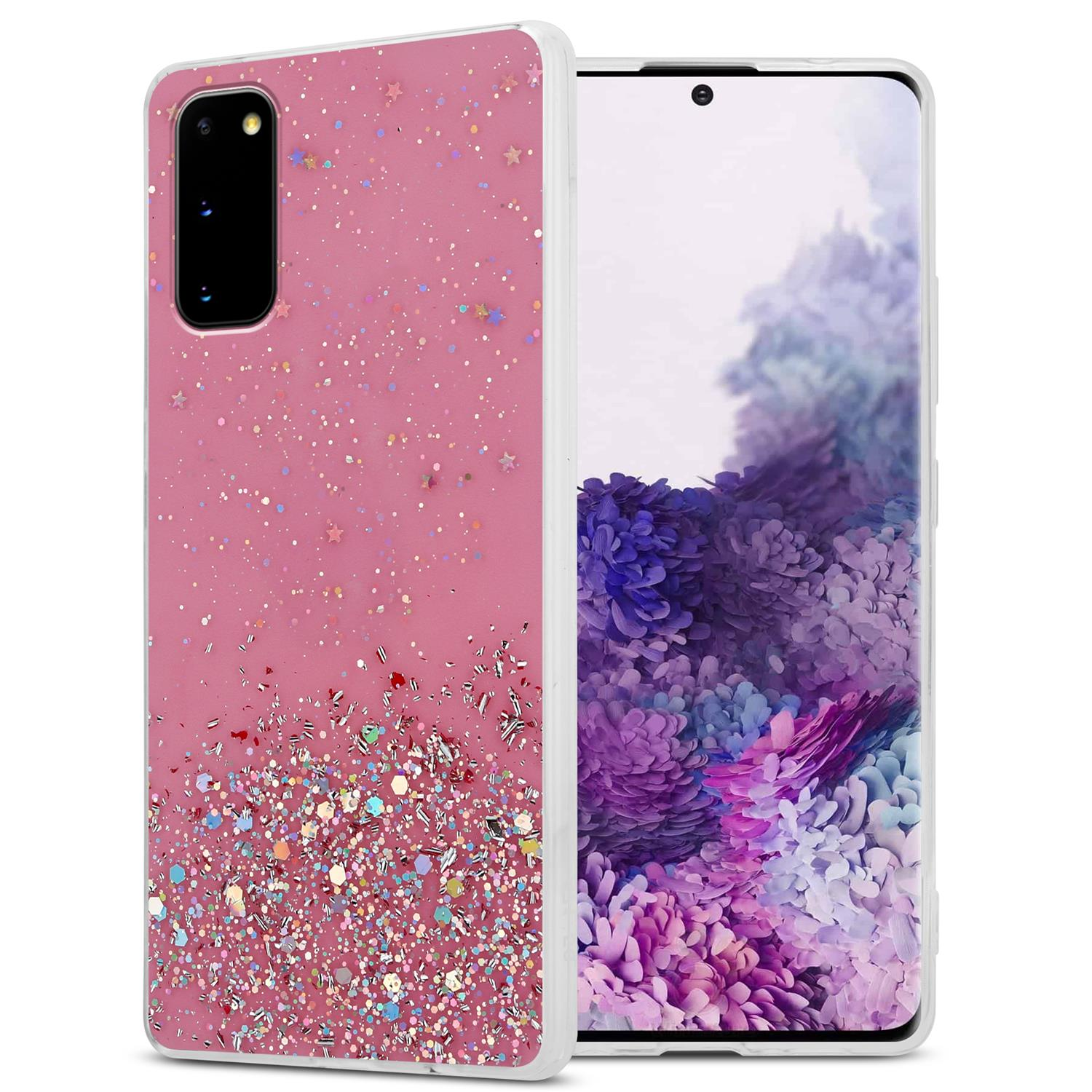 Eine rosa Handyhülle mit Glitzer. Ein Telefon ist in der Hülle sichtbar.