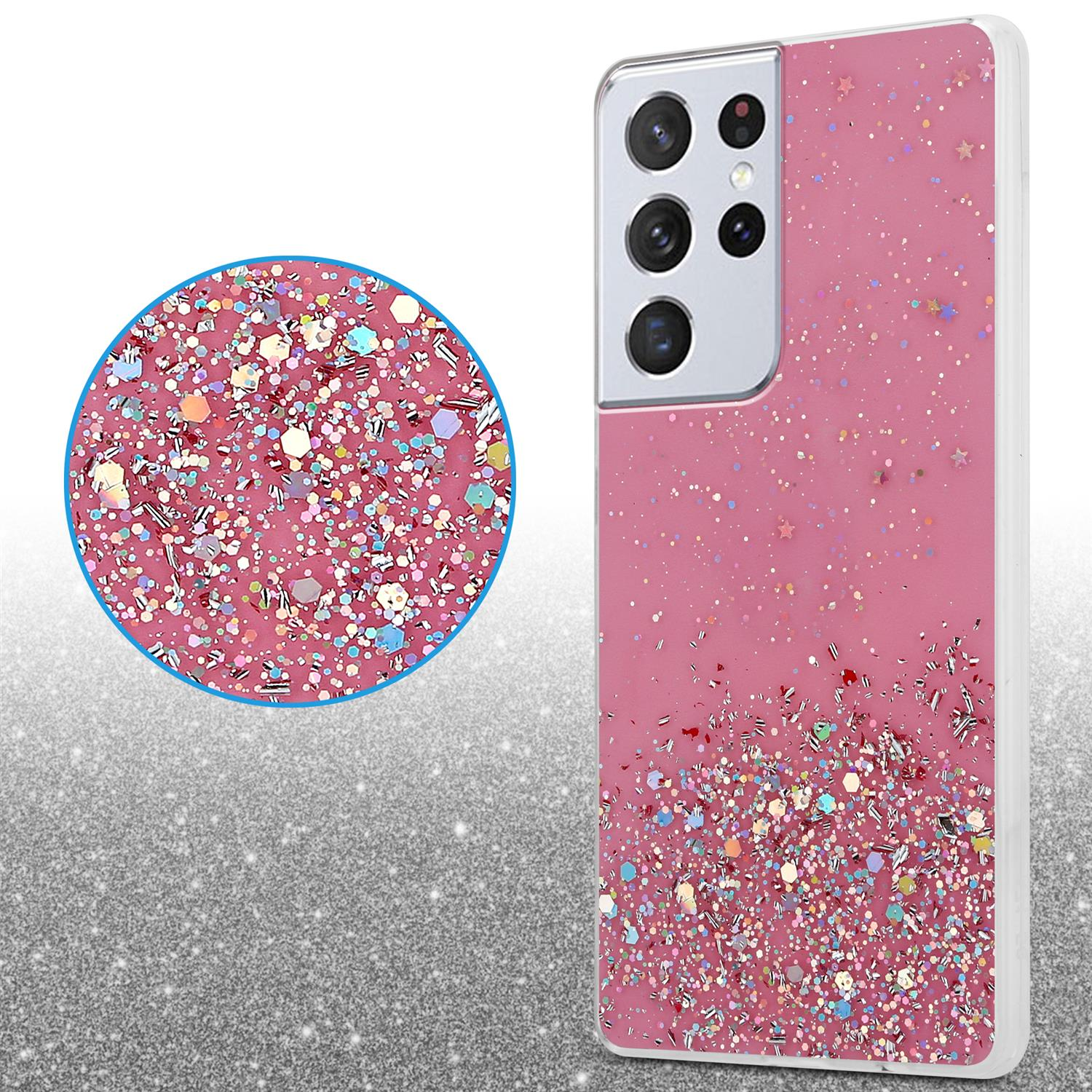 Eine rosa Handyhülle mit Glitzer und einem Telefon darin, auf einer Oberfläche mit Glitzer. Nahaufnahme zeigt Details.