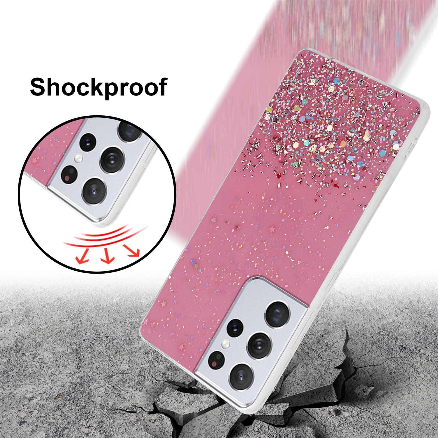 Eine rosa Handyhülle mit einem Telefon. Die Hülle liegt mit einem Riss-Effekt auf dem Boden.