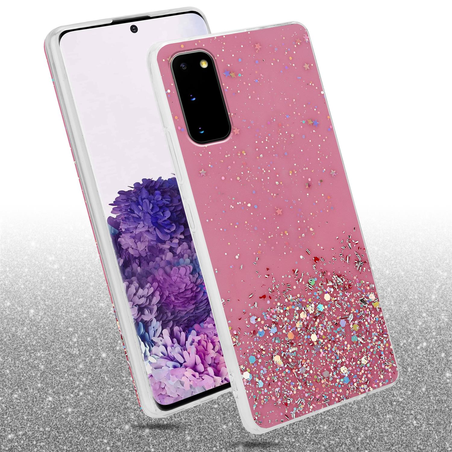 Rosa Handyhülle mit Glitzer. Telefon daneben. Silberner Hintergrund.