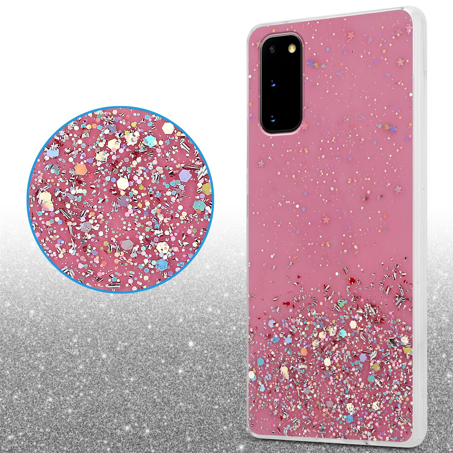Pinke Handyhülle mit Glitzer, zeigt eine Nahaufnahme und Details auf silbernem Hintergrund.