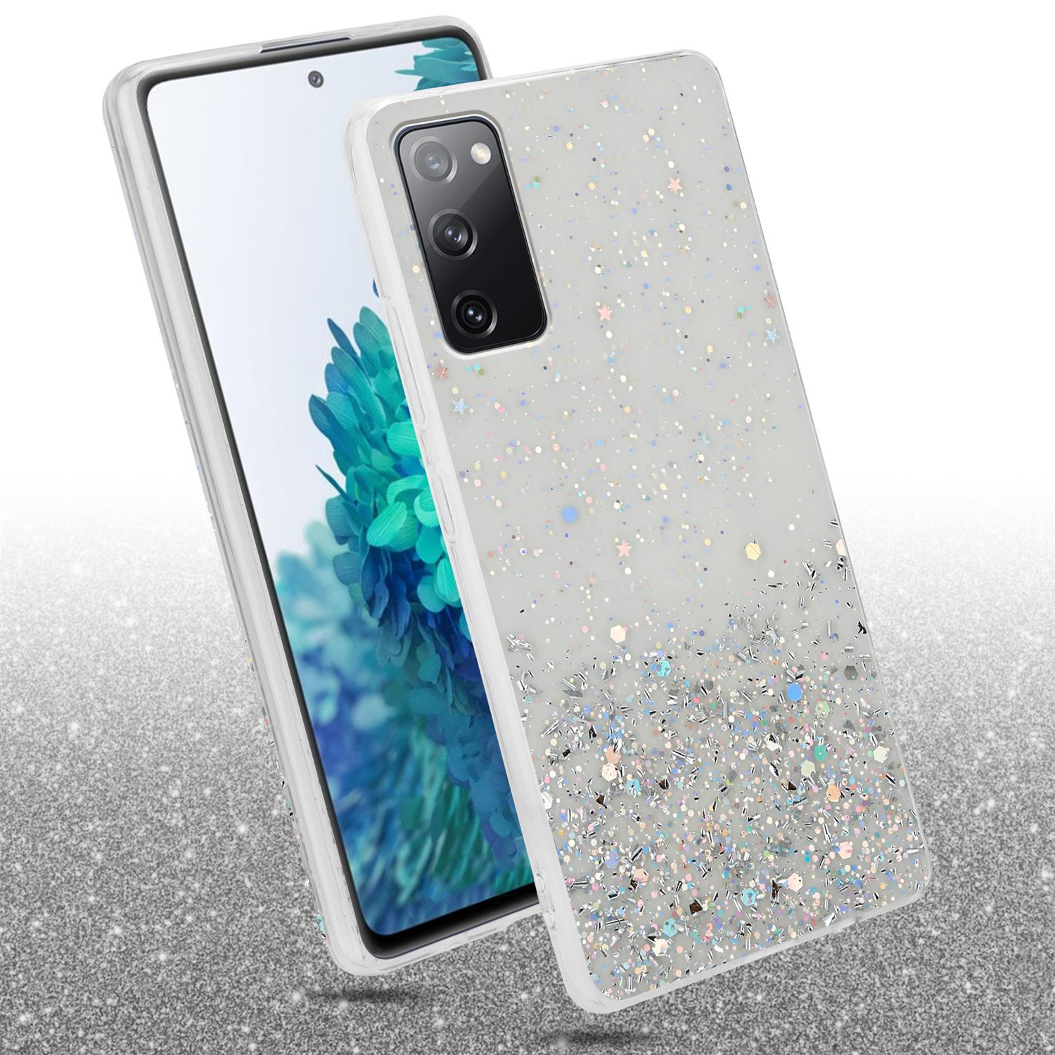 Telefon mit Glitzerhülle. Die Hülle hat einen Glitzerverlauf. Telefon ist nach rechts abgewinkelt.